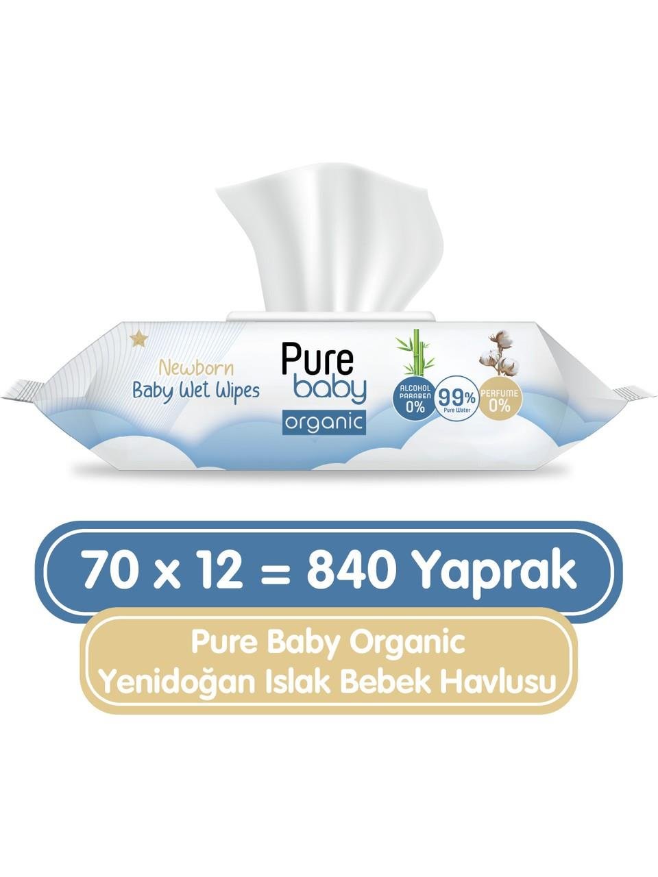 Pure Baby Organic Yenidoğan Islak Havlu 12X70 (840 Yaprak)