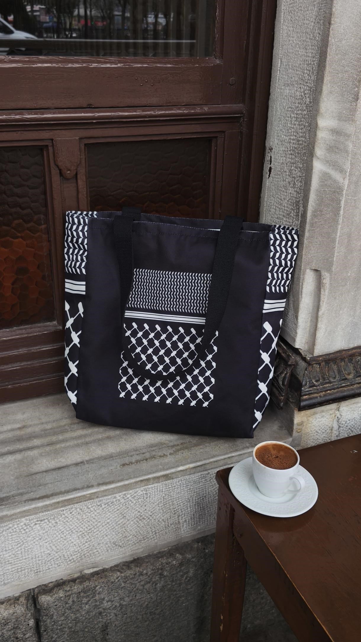 Filistin Kefiyye Desen Baskılı 40*40 cm Siyah Bez Çanta 390 gram