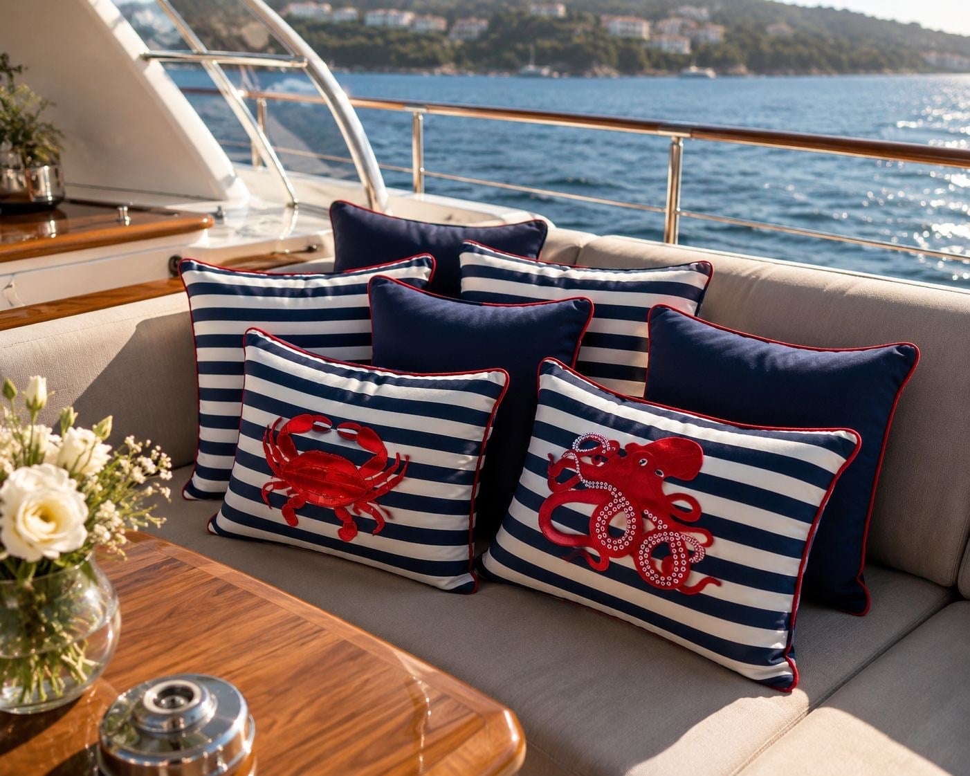 Ahtapot Nakışlı Kırlent Kılıfı - 2'li Set, Lacivert Çizgili Marine Kırlent