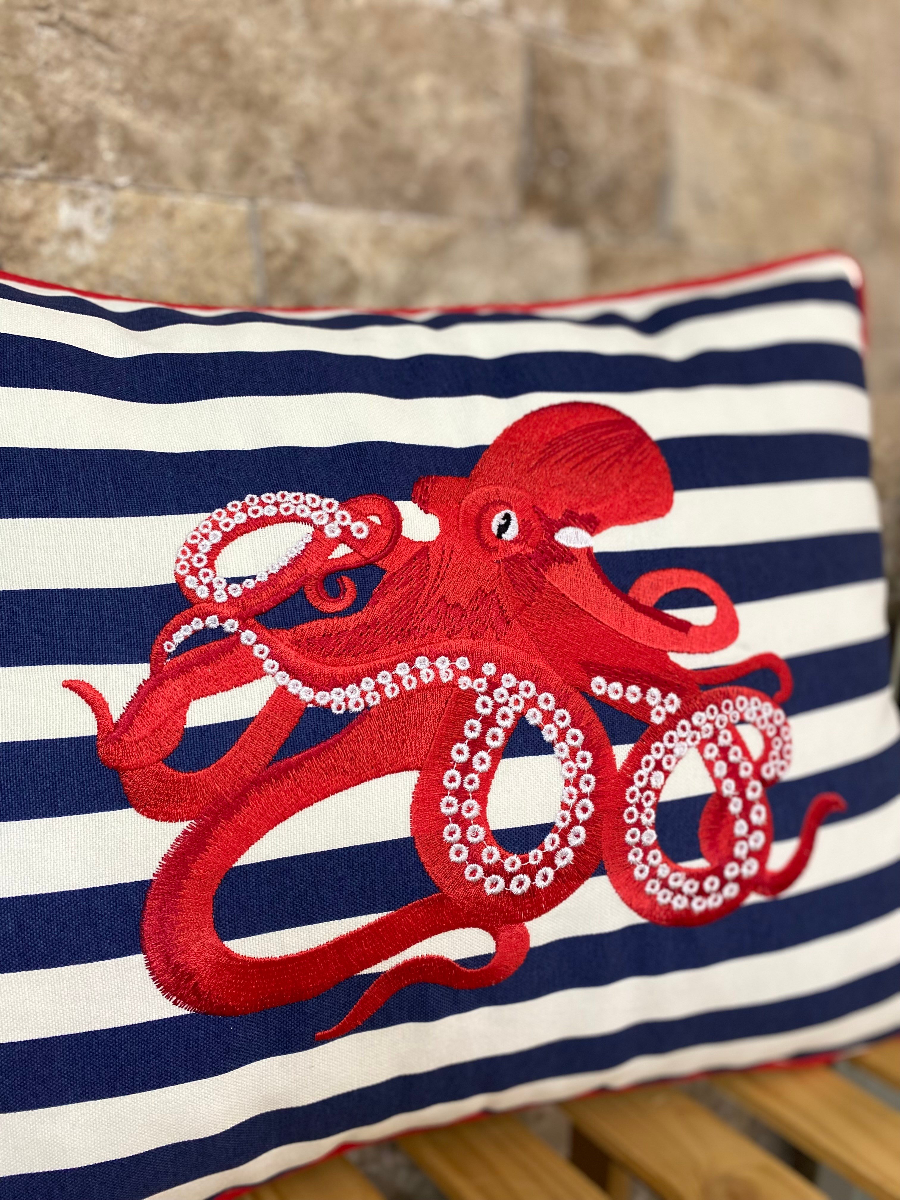 Ahtapot Nakışlı Kırlent Kılıfı - 2'li Set, Lacivert Çizgili Marine Kırlent