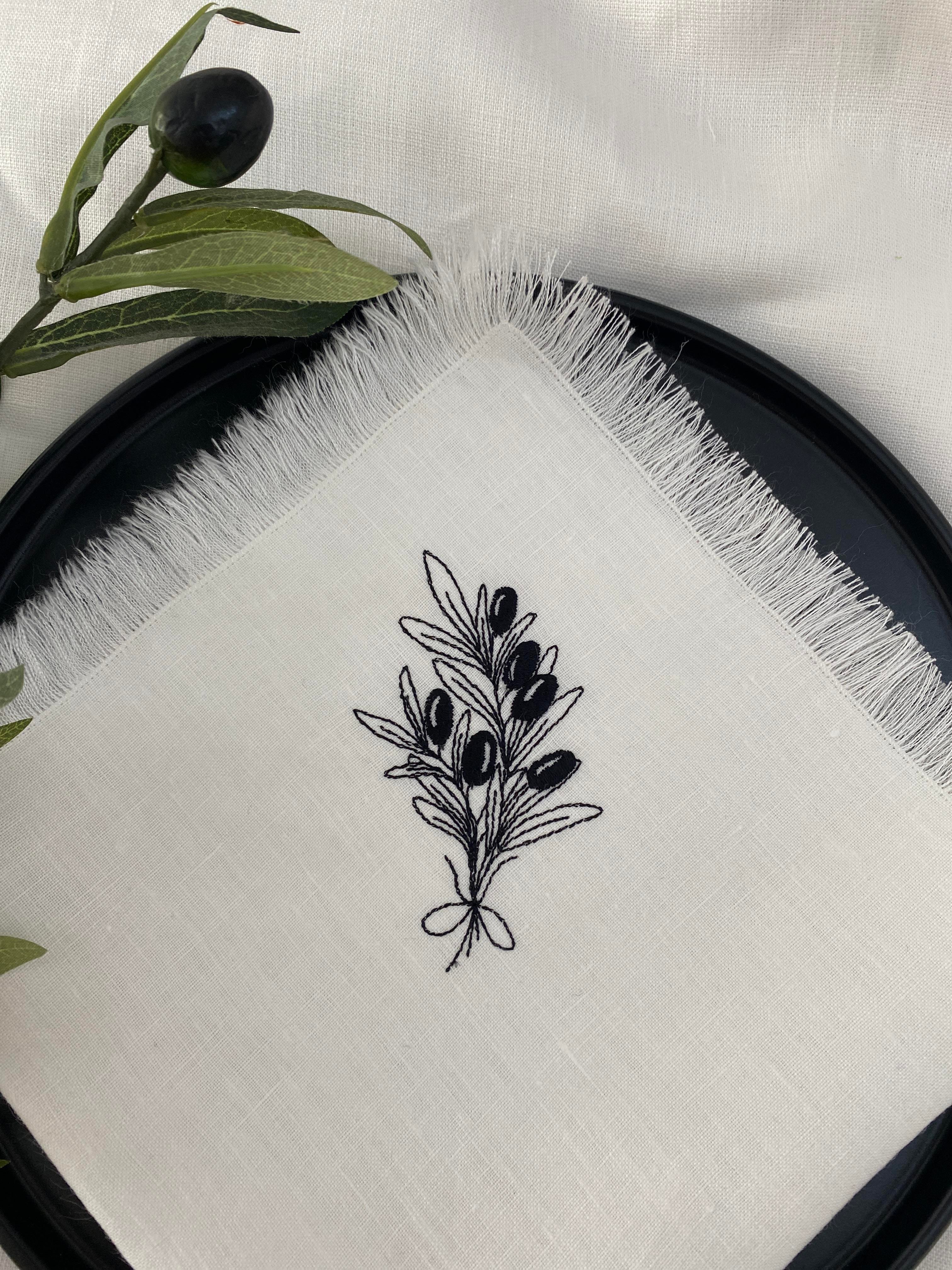 Zeytin Nakışlı Saçaklı Keten Peçete 2li 
