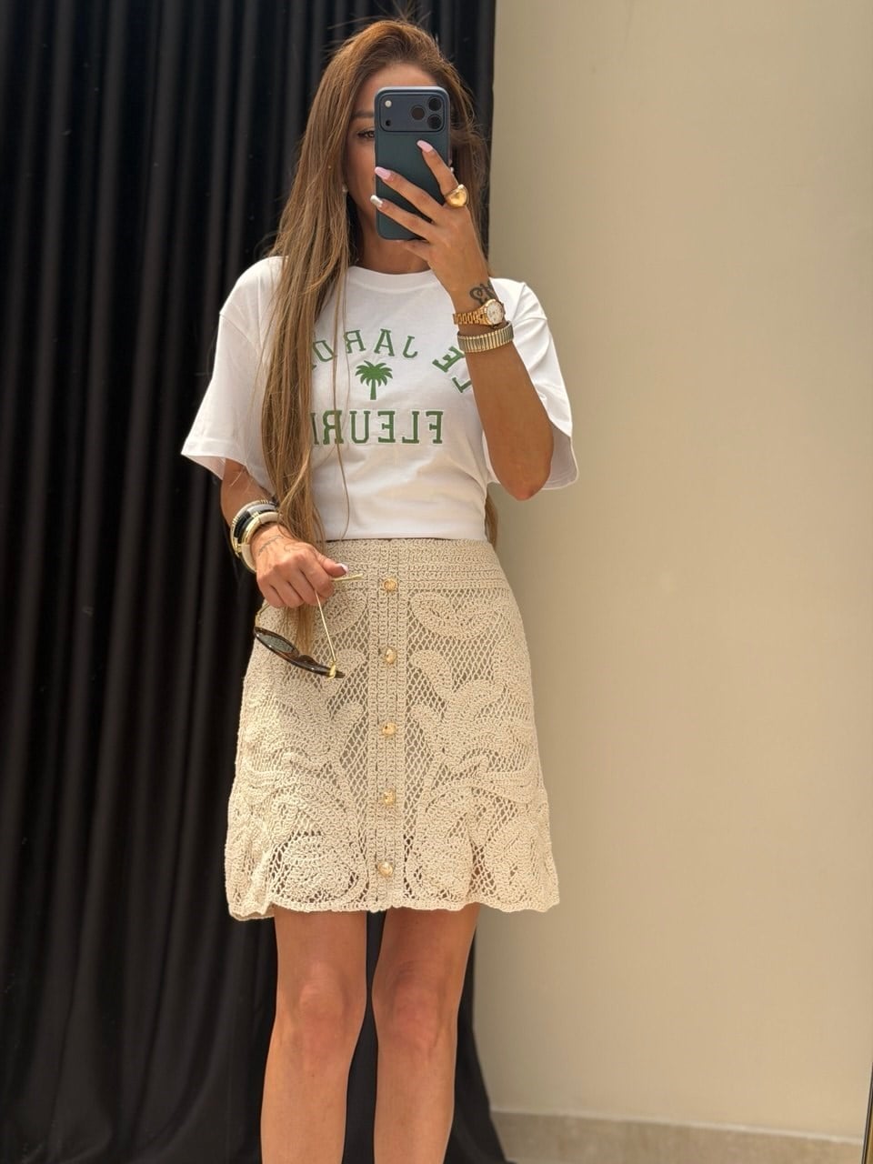 Gold Düğmeli Güpür Etek Naturel