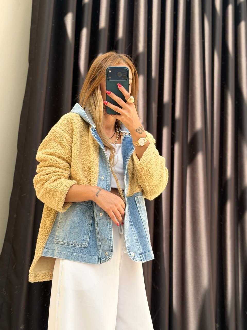 Kapişonlu Denim Garnili Teddy Ceket Vizon