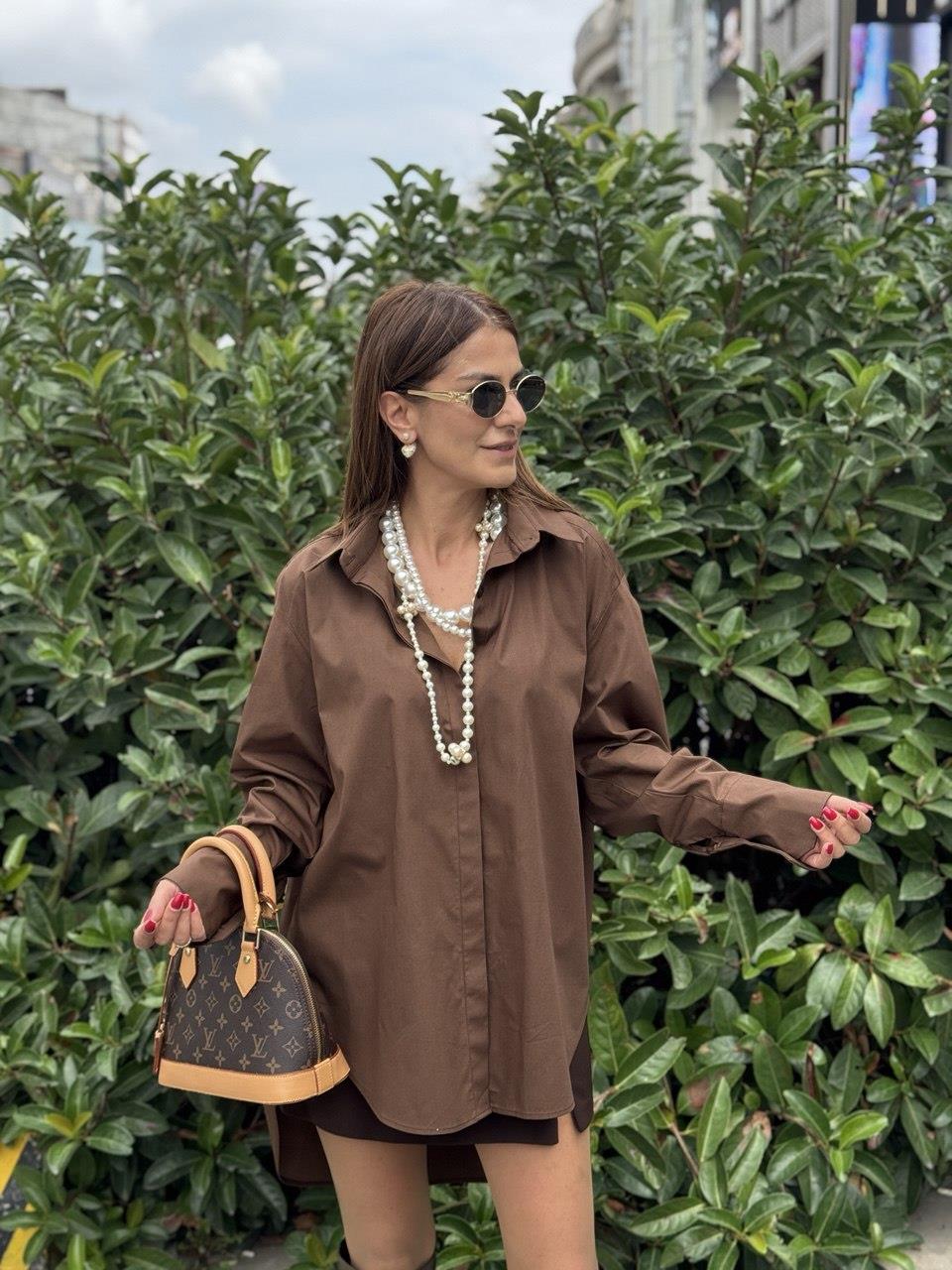 Oversize Poplin Gömlek Kahve