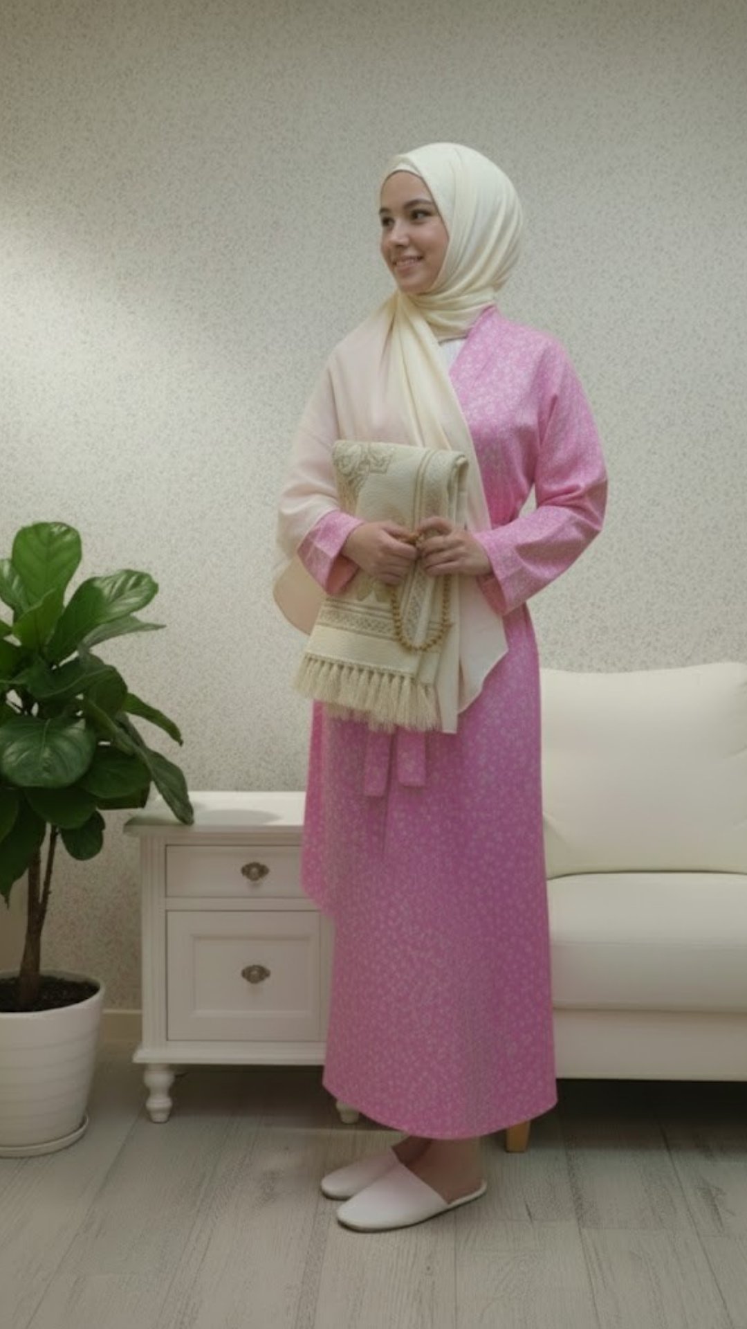 Pembe renkli Beyaz Çiçekli Sabahlık Namaz Elbise