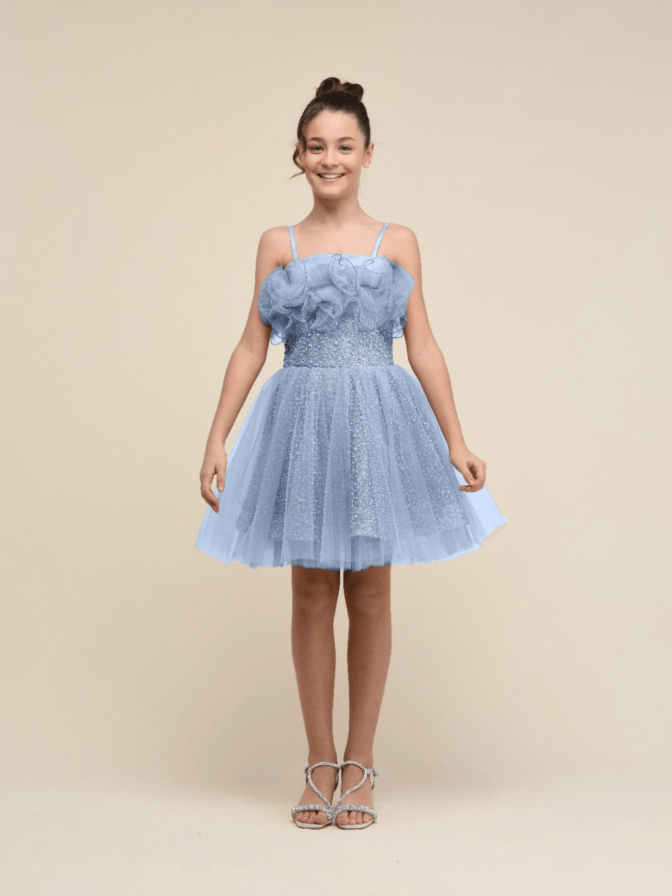 Chaton D'or Fırfırlı Kısa Abiye Elbise 7-15 Yaş Mavi