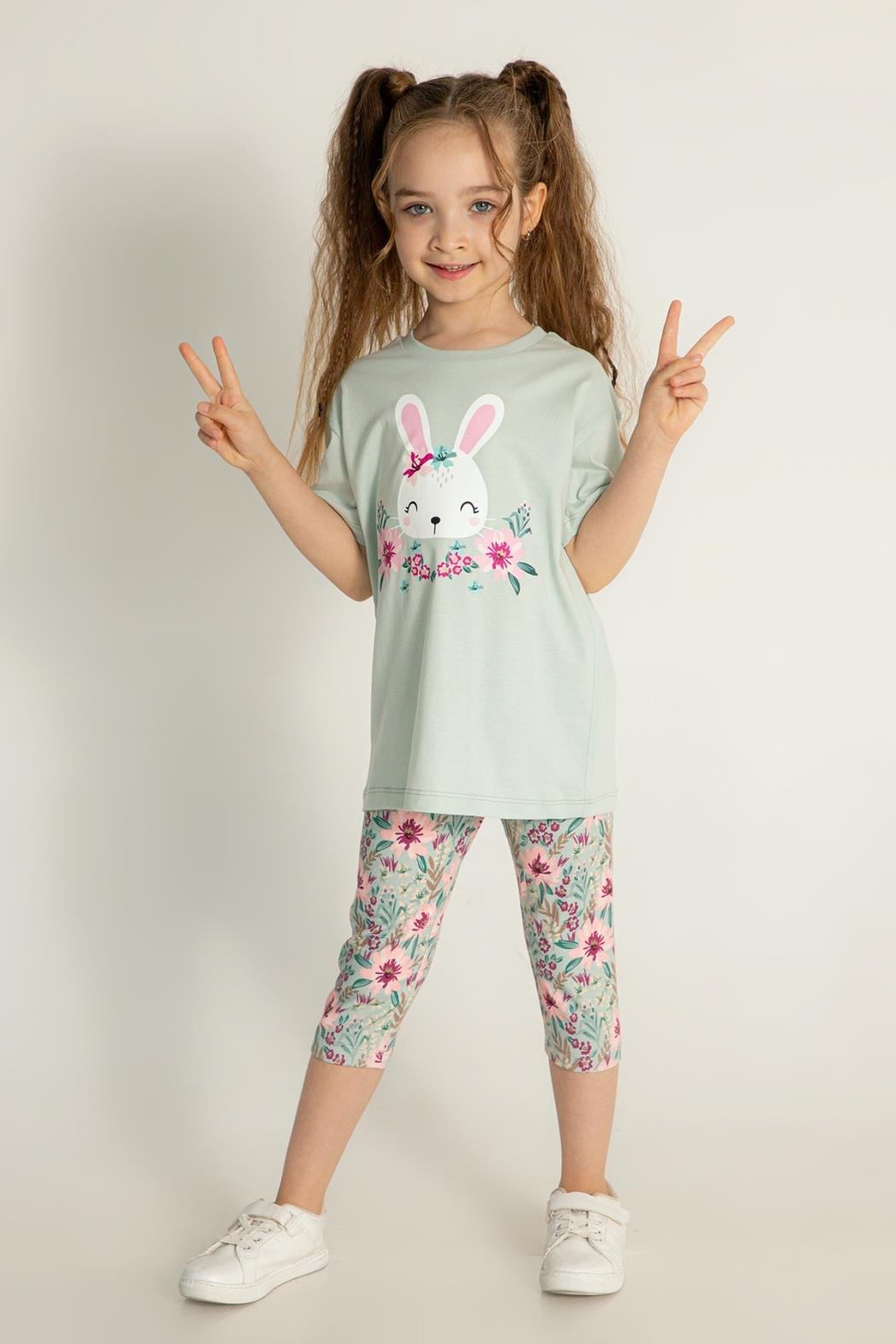 Dmb Kız Çocuk Çicek Baskılı Taytlı Takım 3-7 Yaş Mint
