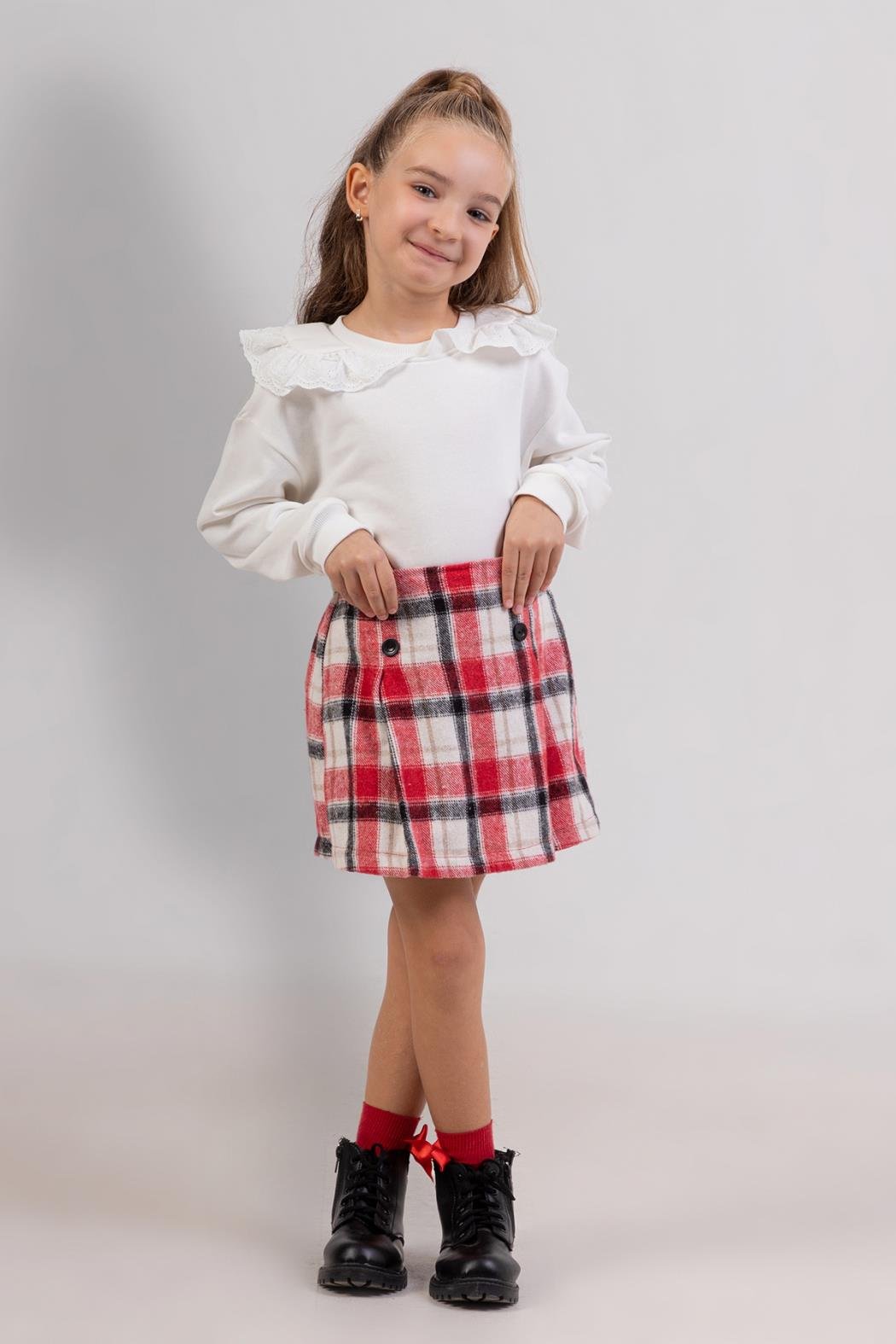 Dmb Kız Çocuk Ekose Şort Etekli Takım 4-9 Yaş KIRMIZI