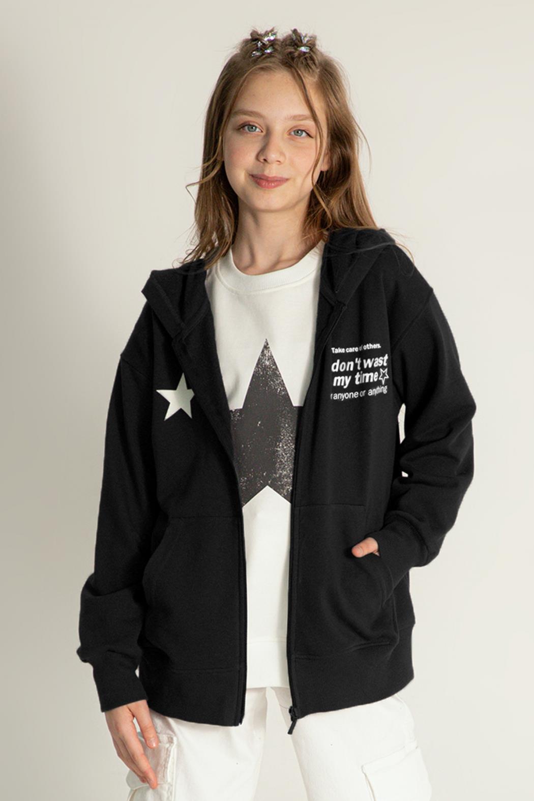 Dmb Kız Çocuk Fermuarlı Sweatshirt Hırka 9-14 Yaş SİYAH