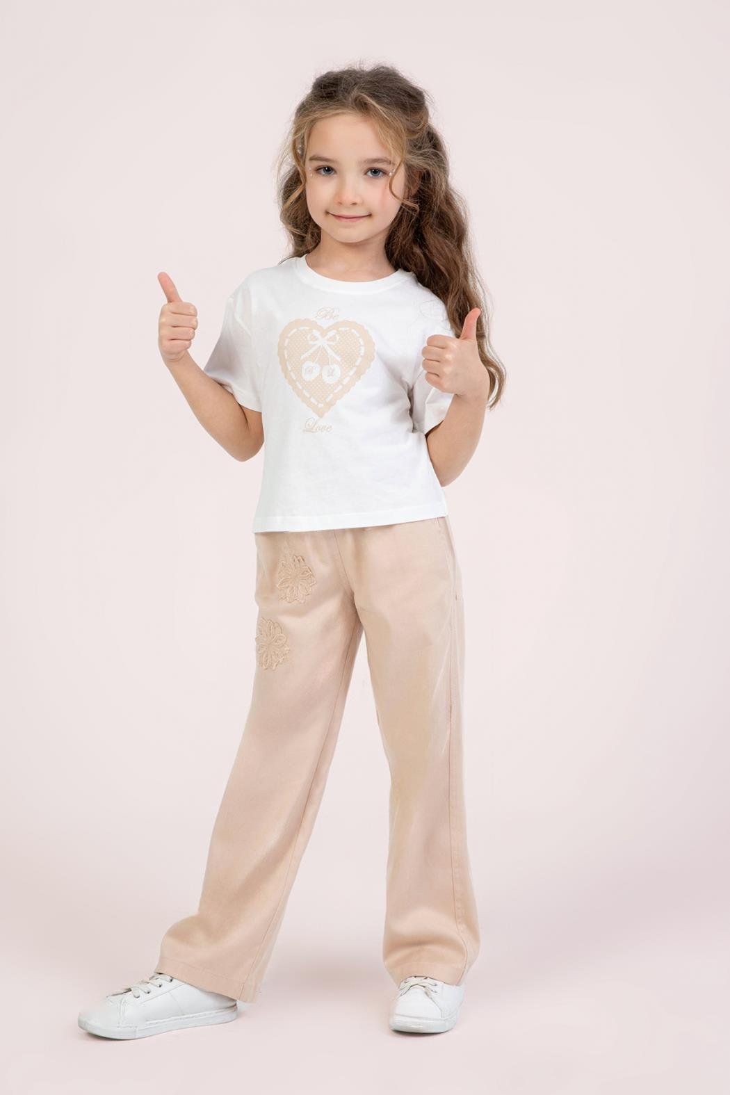 Dmb Kız Çocuk Kalp Baskılı Tshirt 4-9 Yaş Ekru