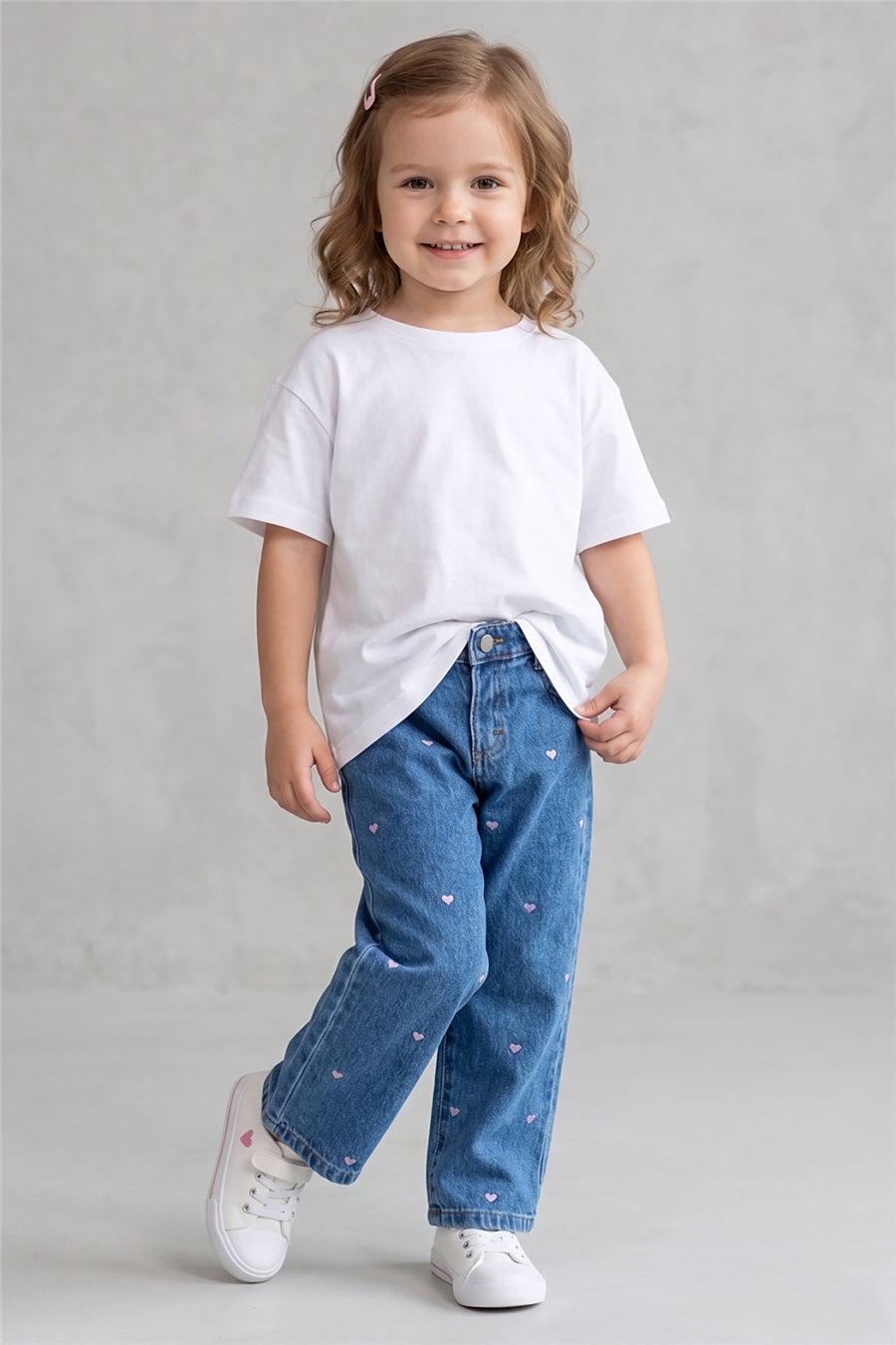 Dmb Kız Çocuk  Kalp Nakışlı Denim Pantolon 2-7 Yaş Mavi
