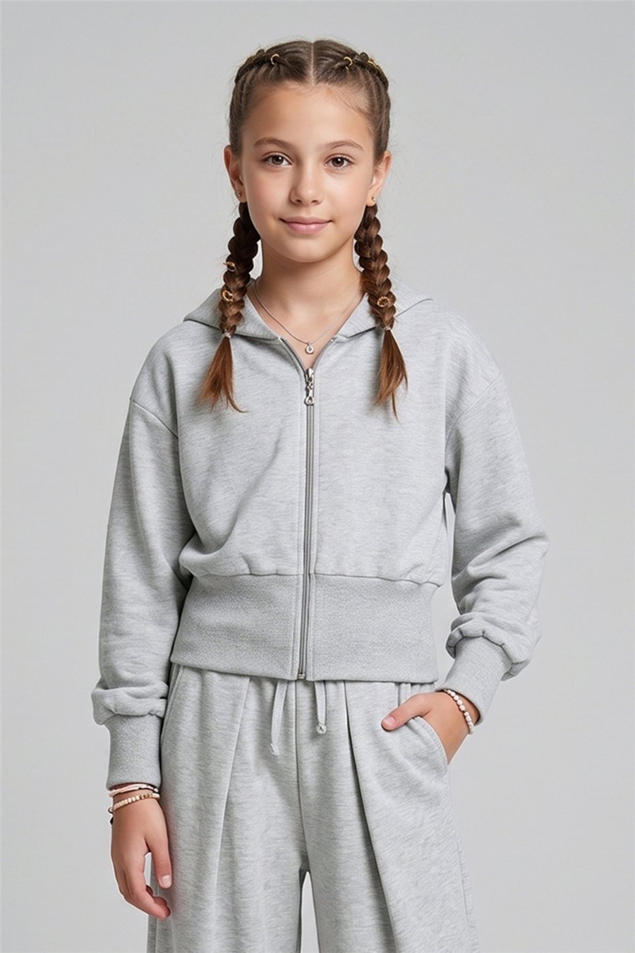 Dmb Kız Çocuk Kapüşonlu Crop Sweatshirt 9-14 Yaş Gri