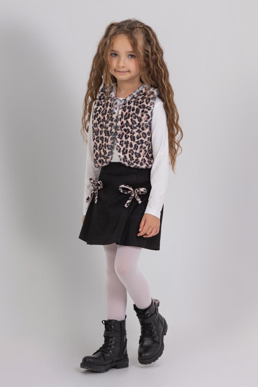 Dmb Kız Çocuk Leopar Yelekli Şortlu Takım 3-8 Yaş Ekru