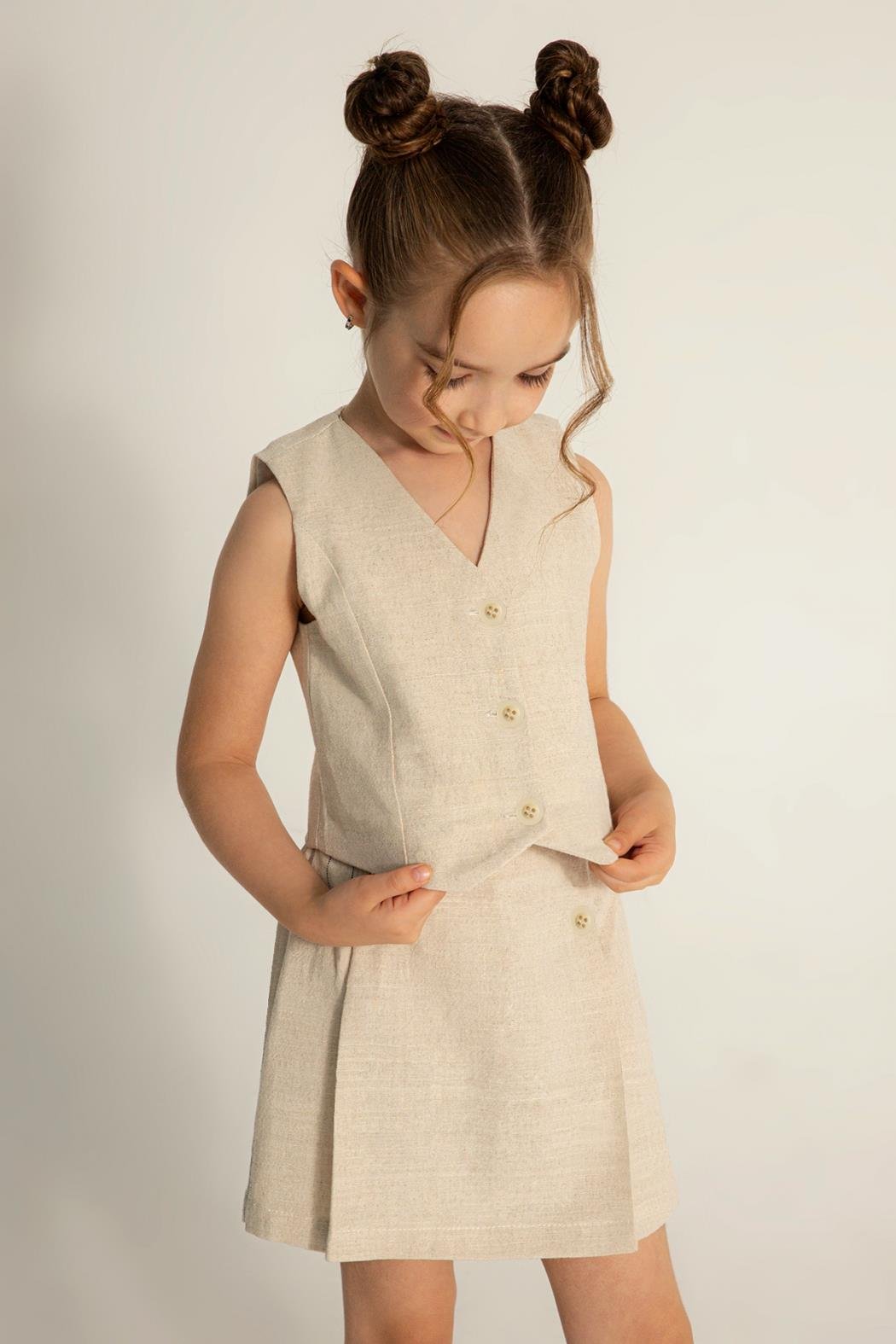 Dmb Kız Çocuk Yelek Şortlu Takım 4-9 Yaş Bej