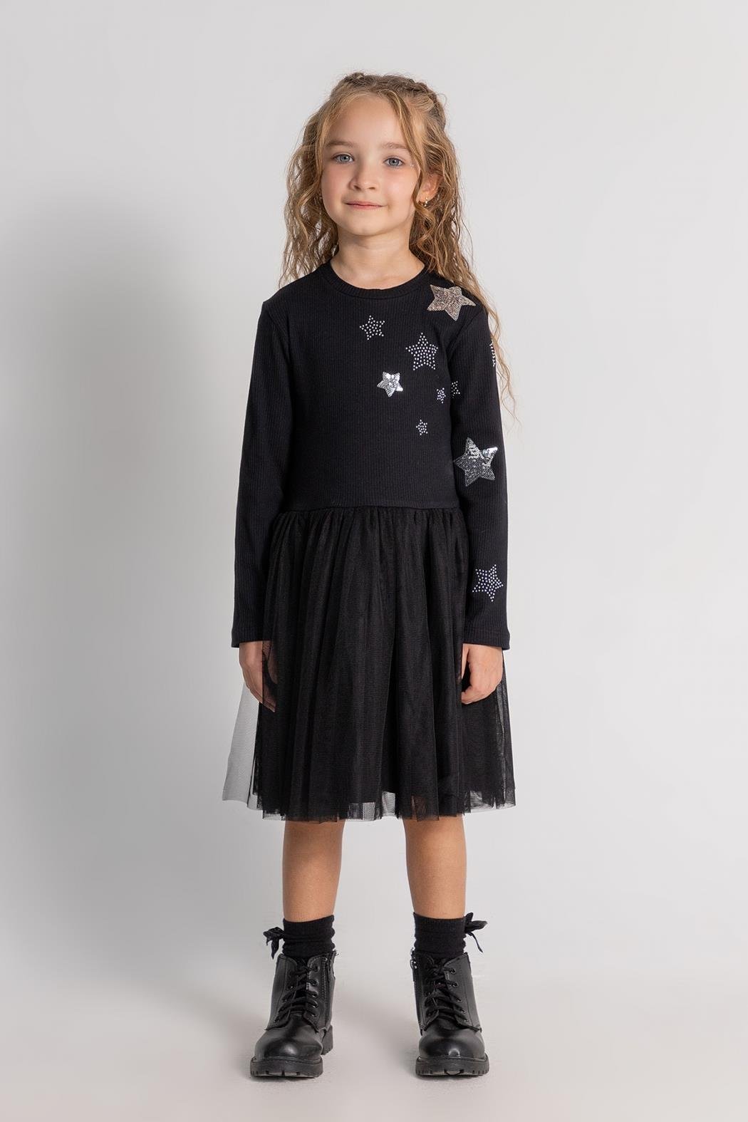 Dmb Kız Çocuk Yıldız İşlemeli Elbise 4-9 Yaş Siyah