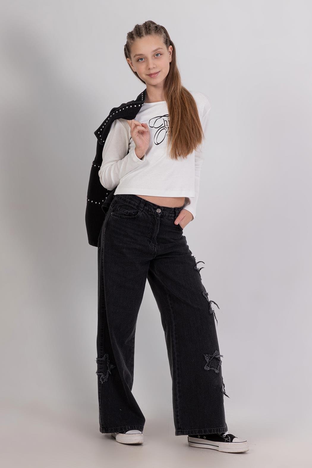 Dmb Kız Çocuk Yıldızlı Kot Pantolon 9-14 Yaş Füme