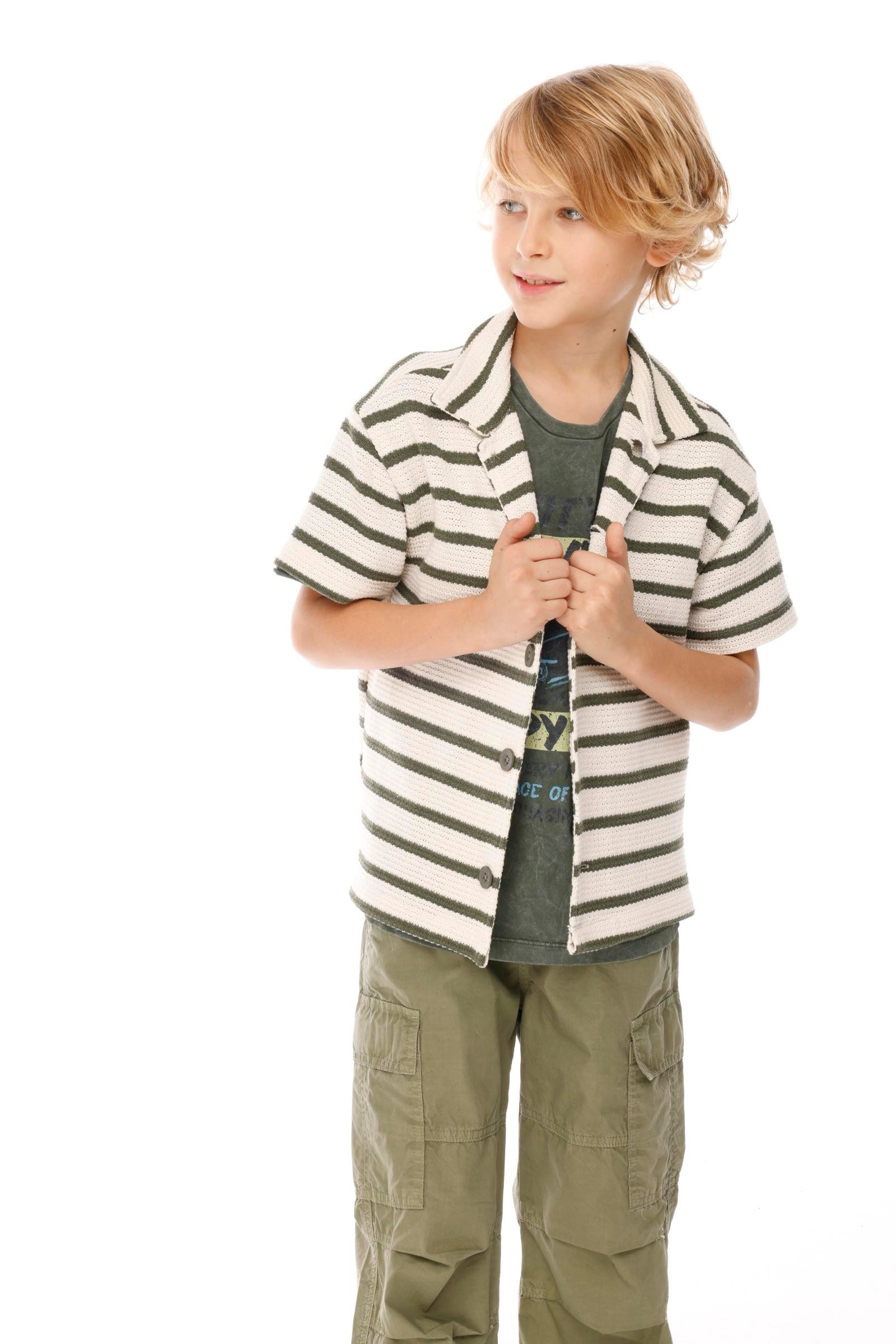 Jena Erkek Çocuk Çizgili Triko Gömlek 8-14Yaş Haki
