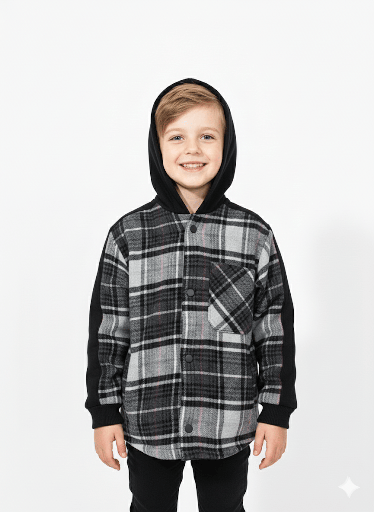Jena Erkek Çocuk Ekose Kapüşonlu Gömlek 3-14 Yaş Siyah