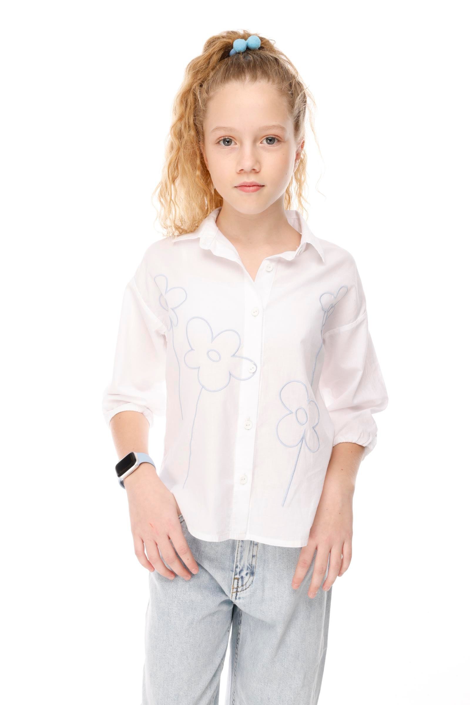 Jena Kız Çocuk Çiçek Nakışlı Gömlek 8-14 Yaş Mavi