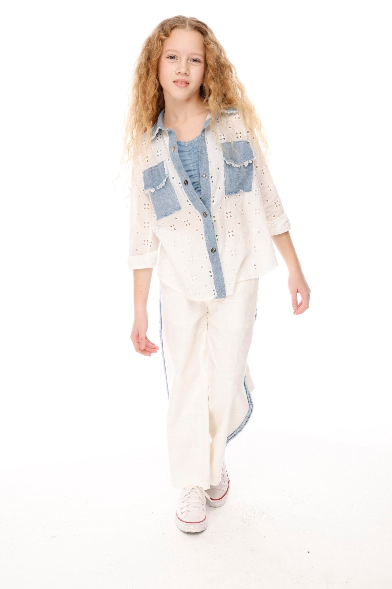 Jena Kız Çocuk Denim Parçalı Gömlek 7-14 Yaş Beyaz