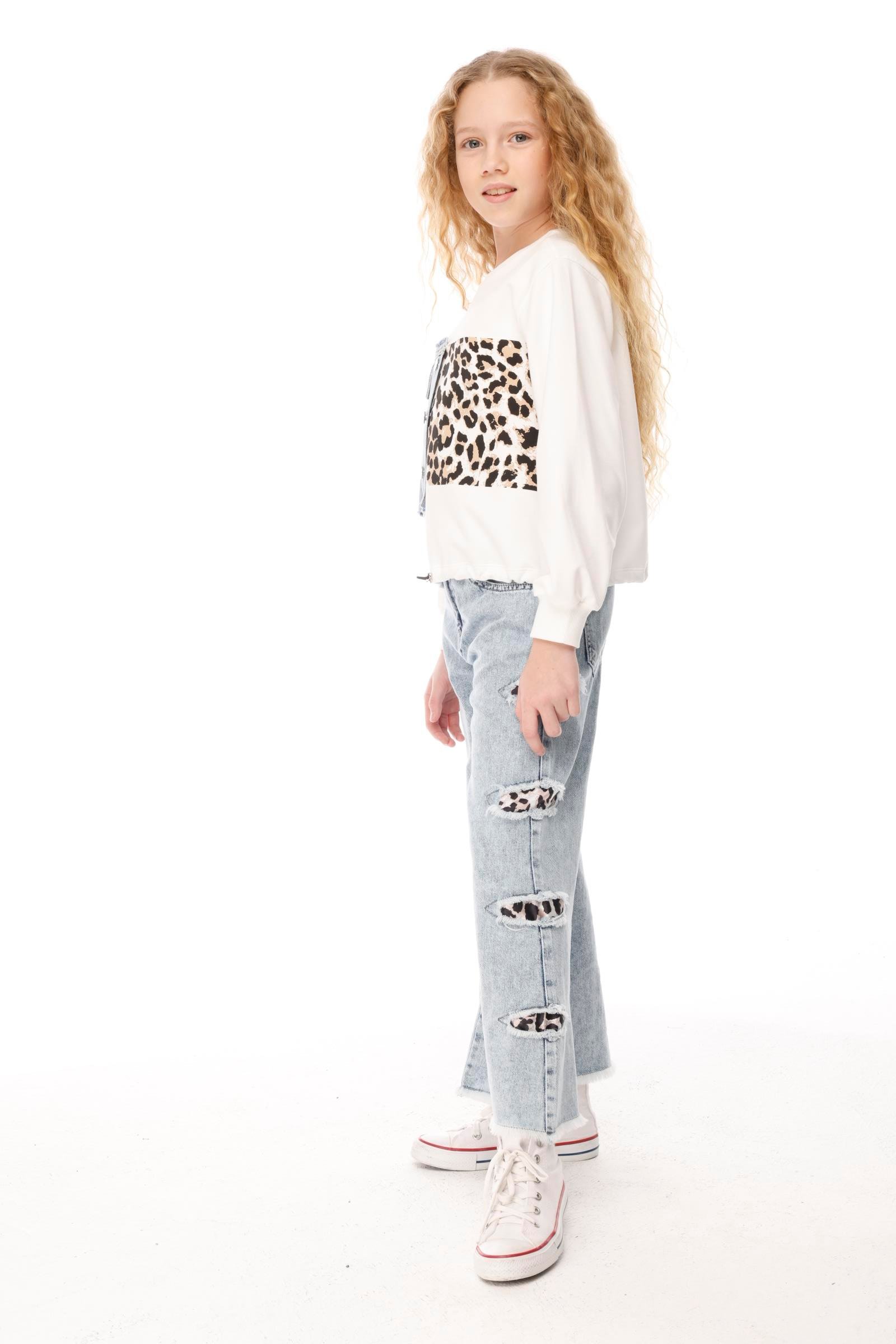 Jena Kız Çocuk Leopar Denim Pantolon 7-14 Yaş Mavi