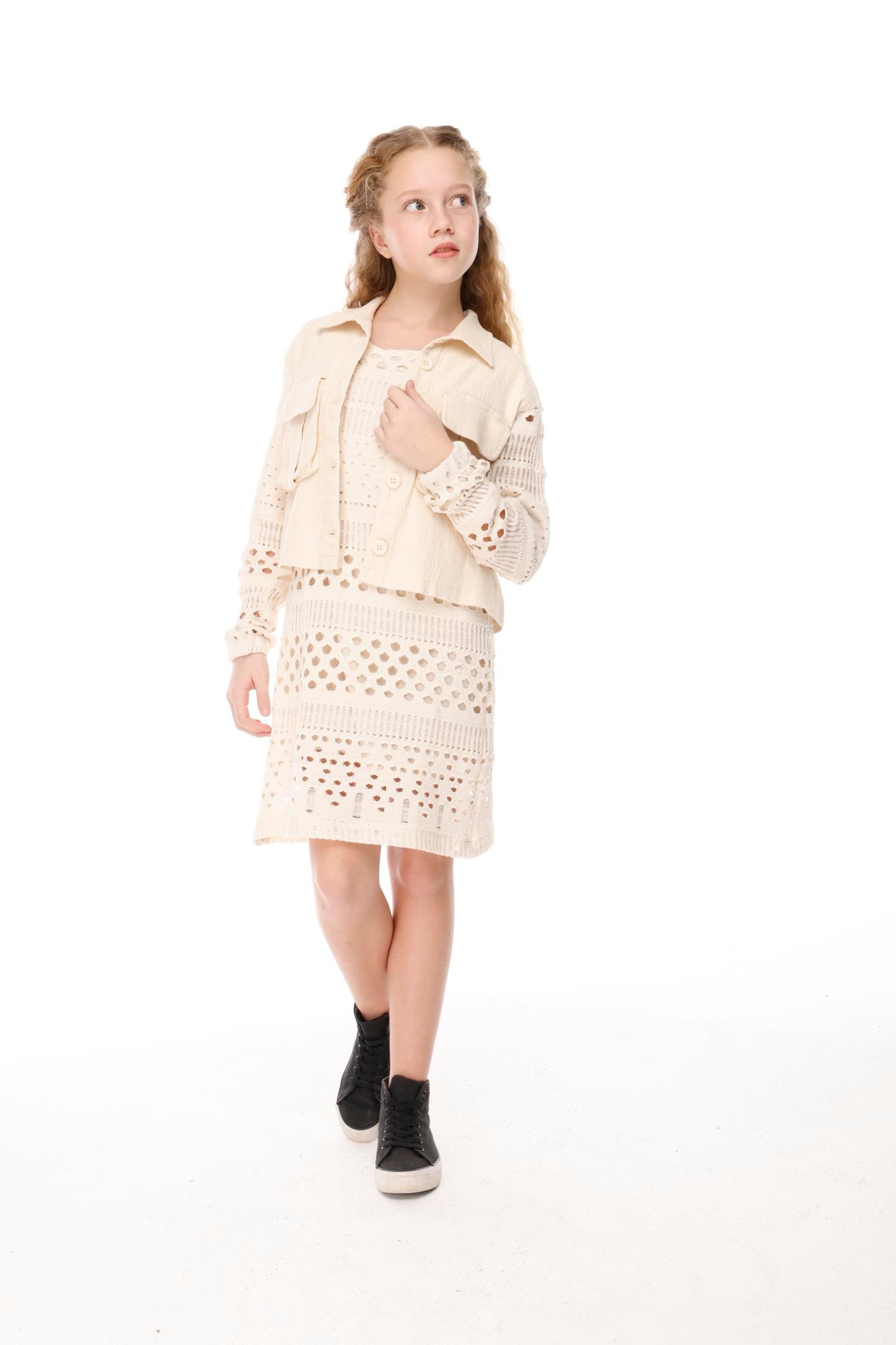 Jena Kız Çocuk Natural Triko Ceket 7-14 Yaş Krem