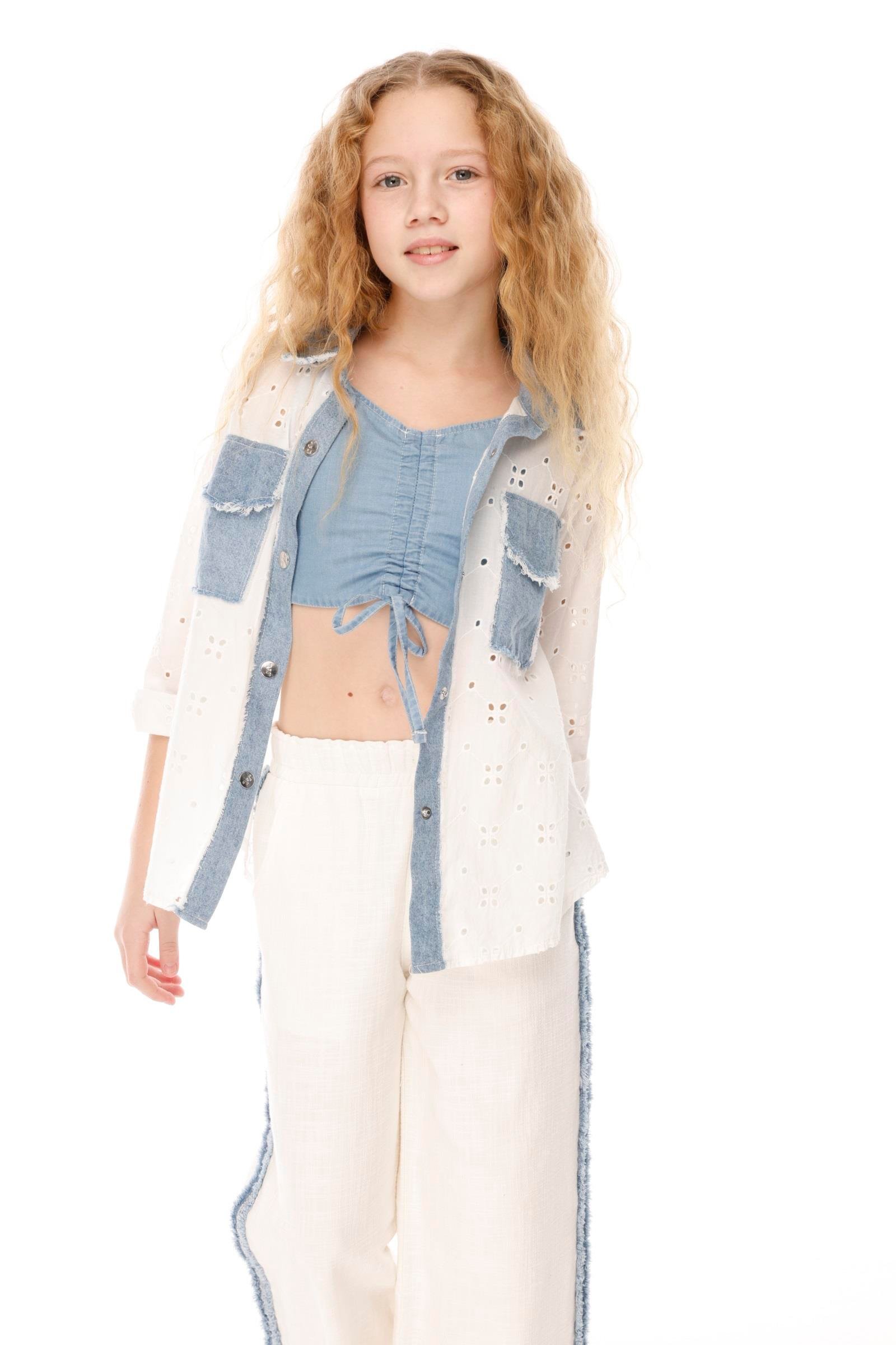 Jena Kız Çocuk Önü Büzgülü Askılı Bluz 7-14 Yaş Mavi