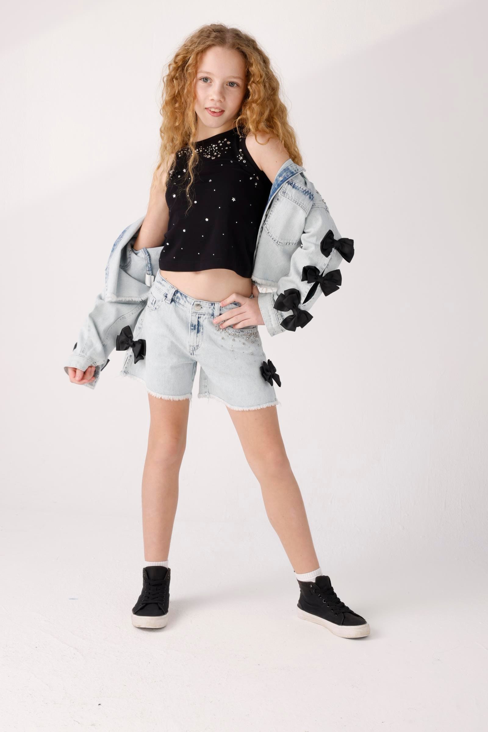 Jena Kız Çocuk Taşlı Fiyonklu Denim Şort 8-14 Yaş Mavi