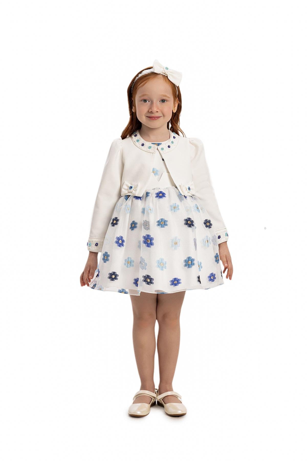 Pamina Kız Bebek Bolero ve Saç Aksesuarı Elbise 6-24 Ay Mavi