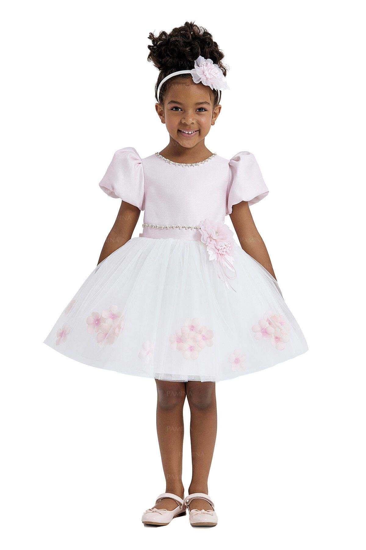 Pamina Kız Çocuk Balon Etekli Elbise 2-6 Yaş Pudra