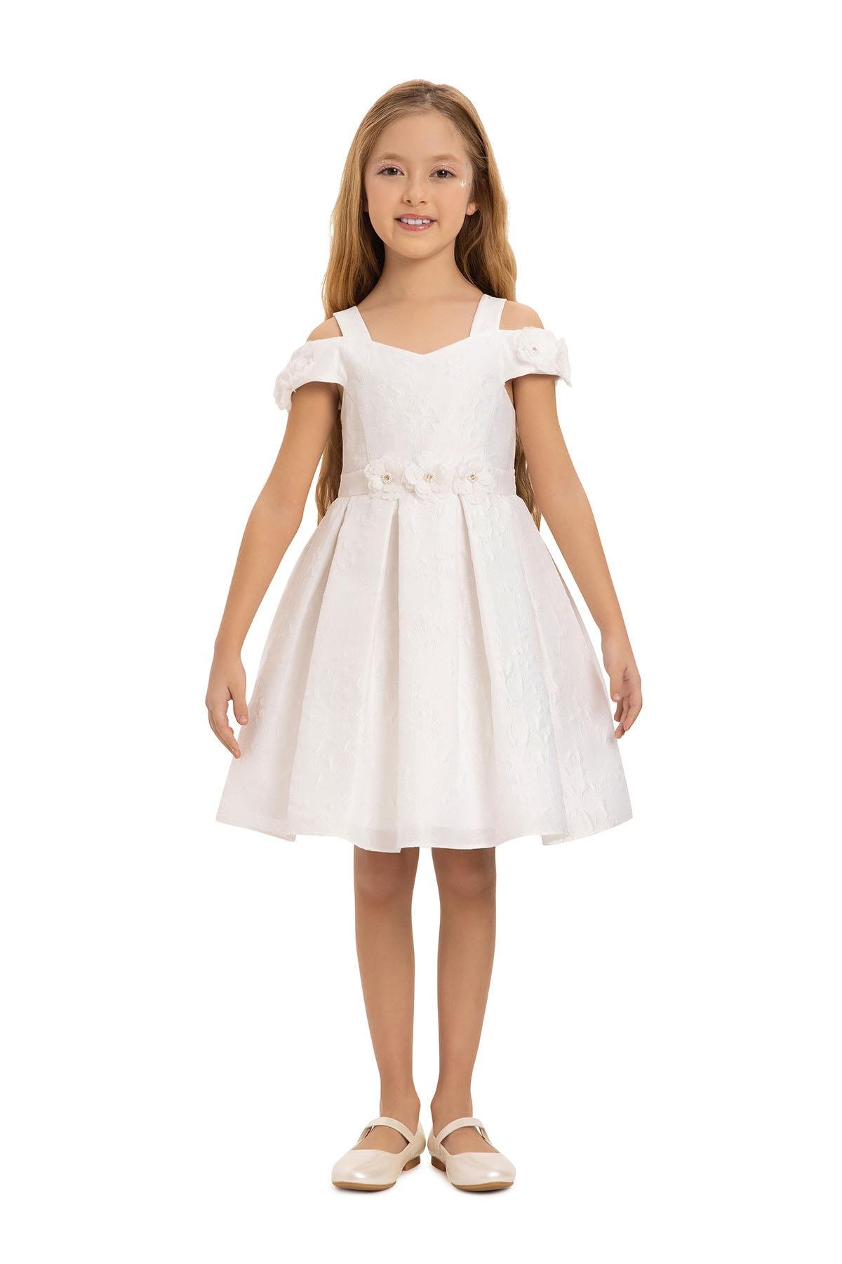 Pamina Kız Çocuk Çiçek Jakarlı Elbise 3-7 Yaş Ekru