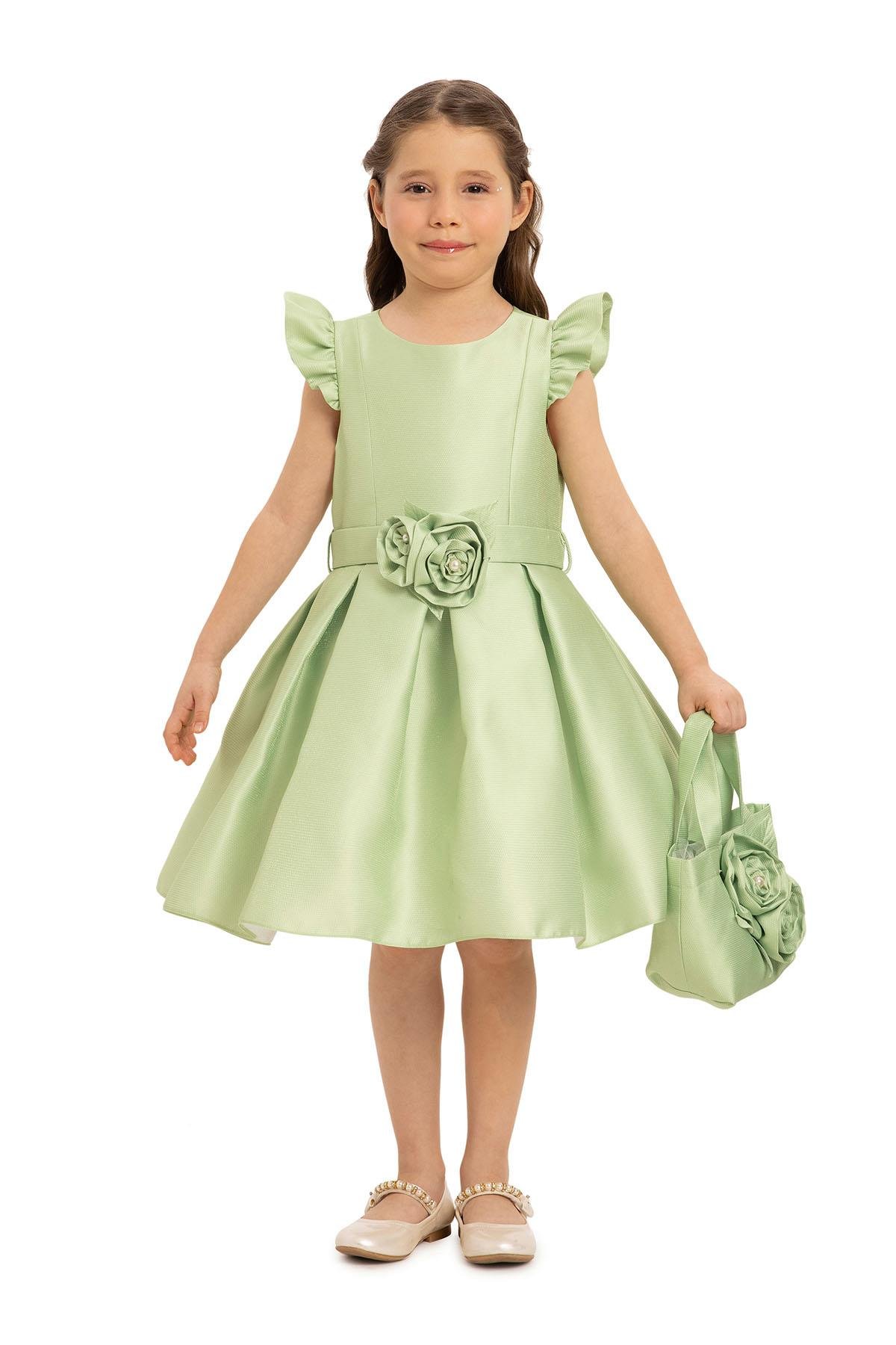 Pamina Kız Çocuk Çicekli Çantalı Abiye Elbise 3-7 Yaş Yeşil
