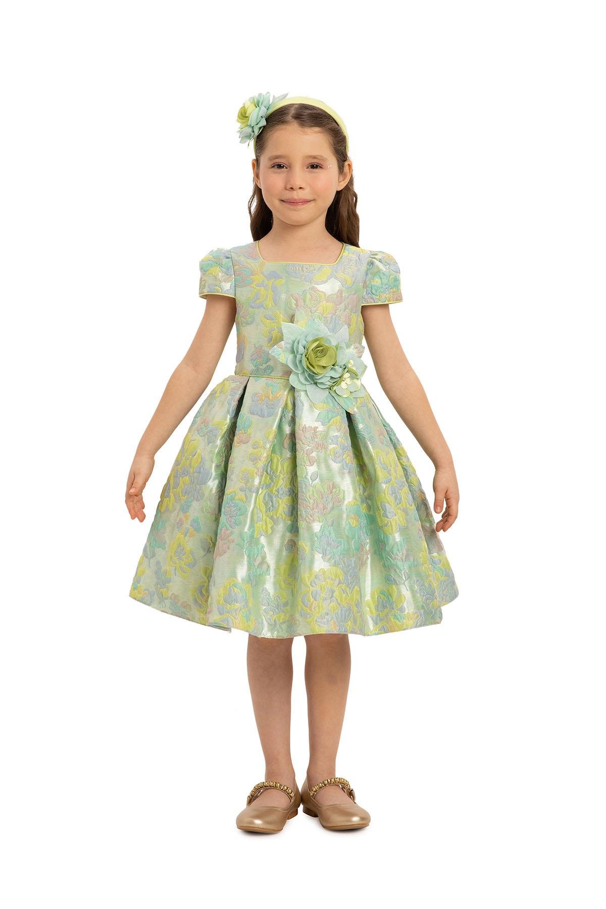 Pamina Kız Çocuk Çiçekli Saç Aksesuarı Elbise 3-7 Yaş Yeşil