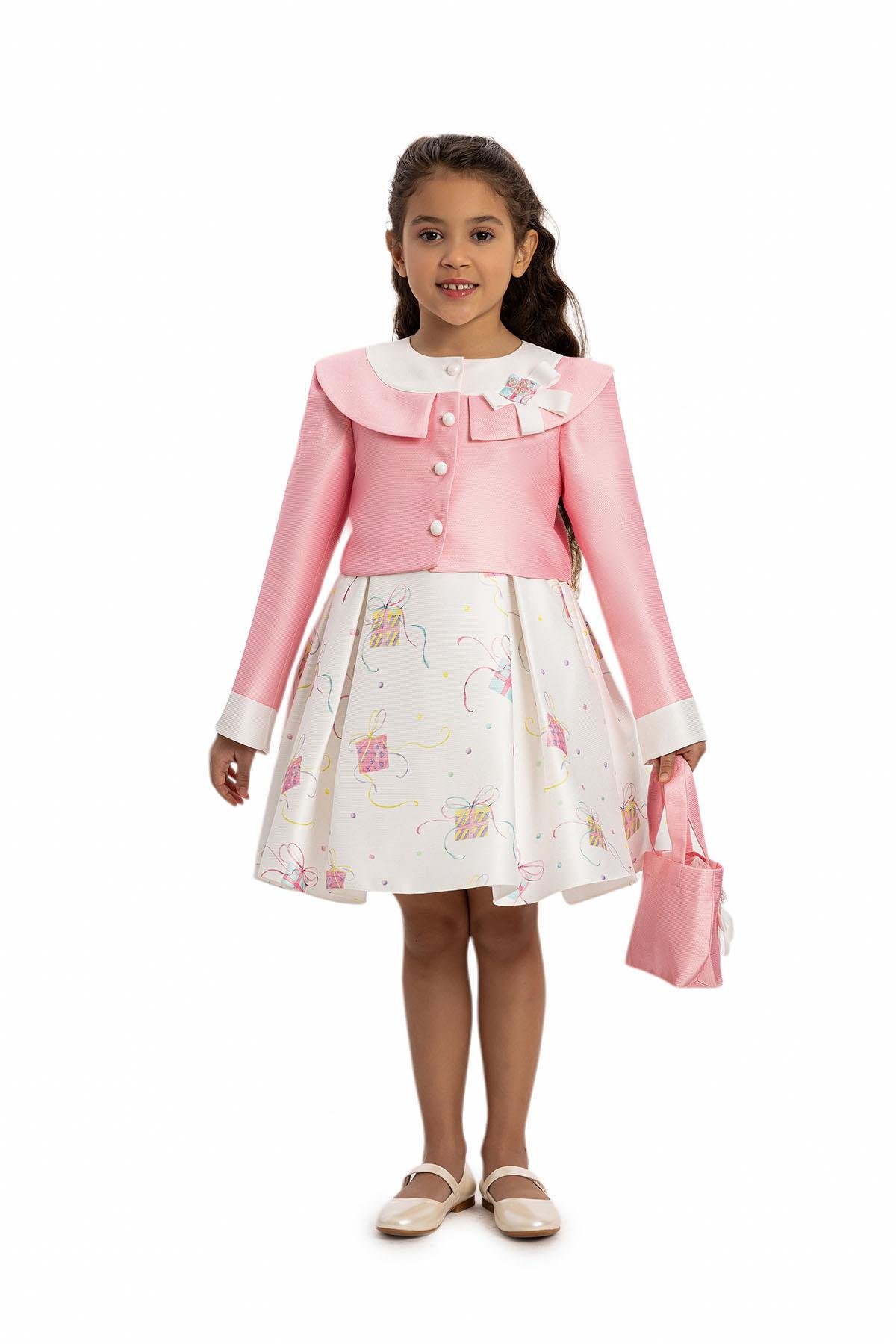 Pamina Kız Çocuk Elbise Bolero ve Çanta 3-7 Yaş Pembe