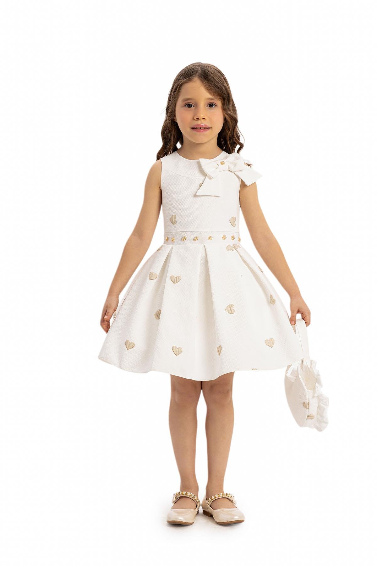 Pamina Kız Çocuk Kalp Baskılı Elbise Çanta 3-7 Yaş Ekru