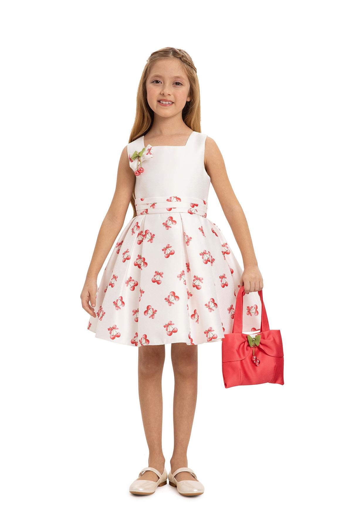 Pamina Kız Çocuk Kiraz Baskı Çantalı Elbise 3-7 Yaş Ekru