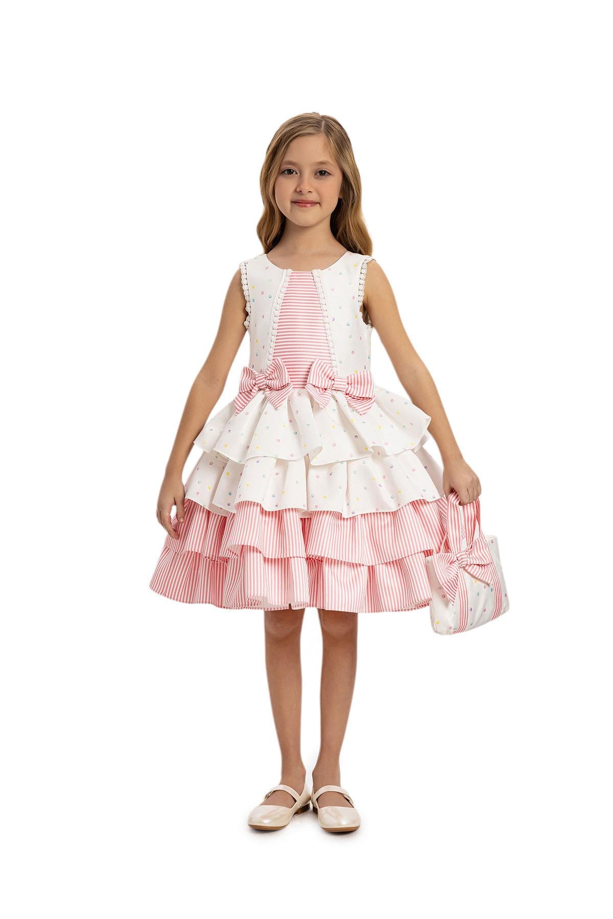 Pamina Kız Çocuk Puantiyeli Katmanlı Elbise 3-7 Yaş Pembe