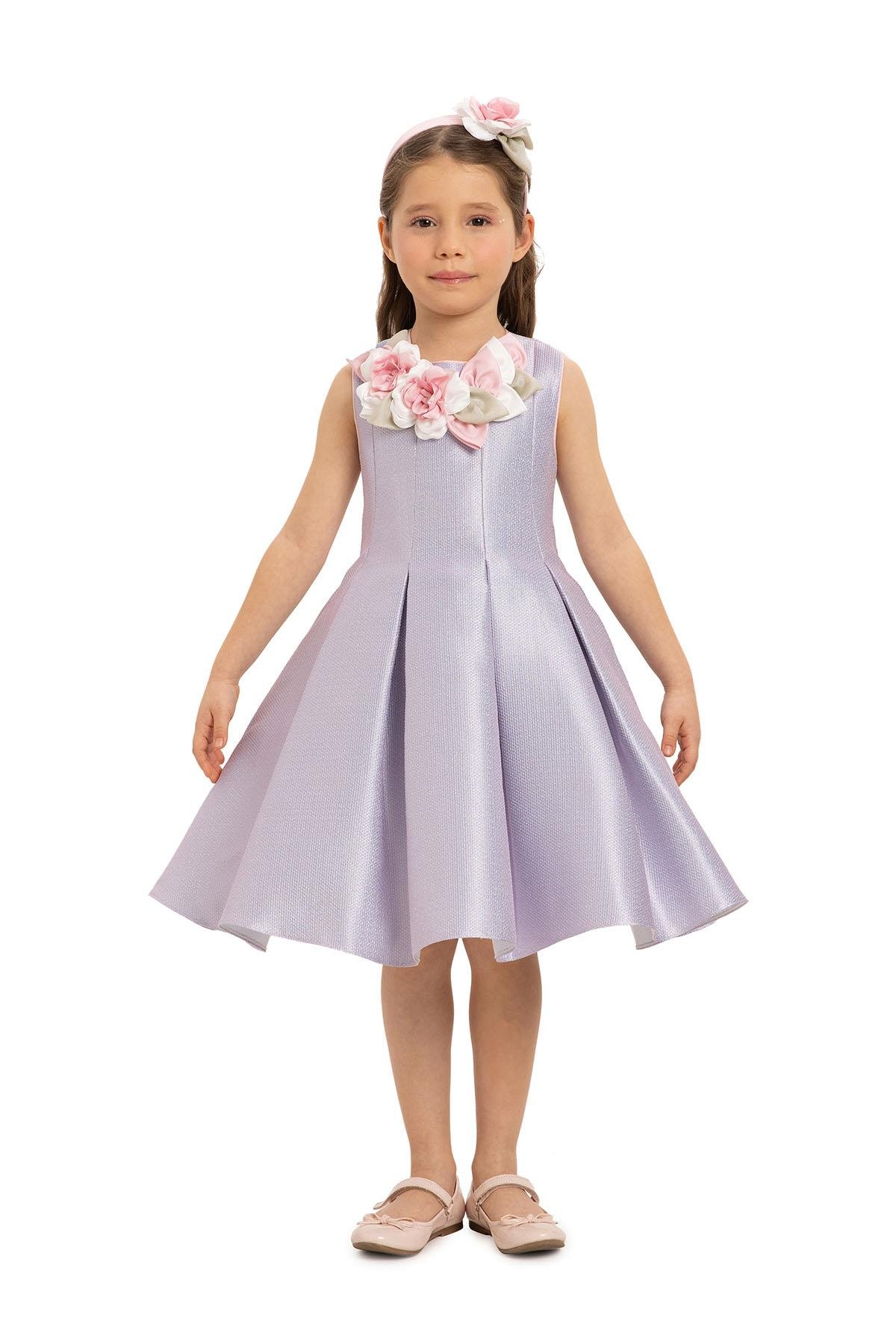 Pamina Kız Çocuk Saç Aksesuarlı Elbise 3-7 Yaş Lila
