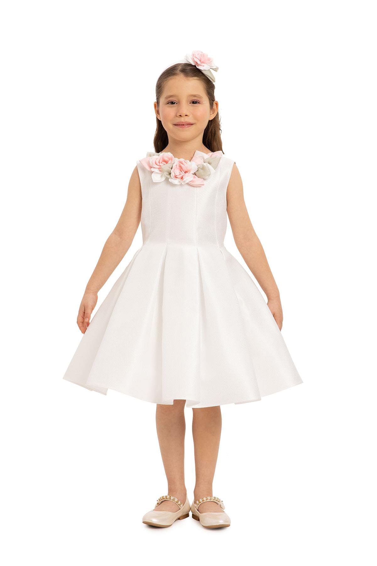 Pamina Kız Çocuk Saç Aksesuarlı Elbise 3-7 Yaş Ekru