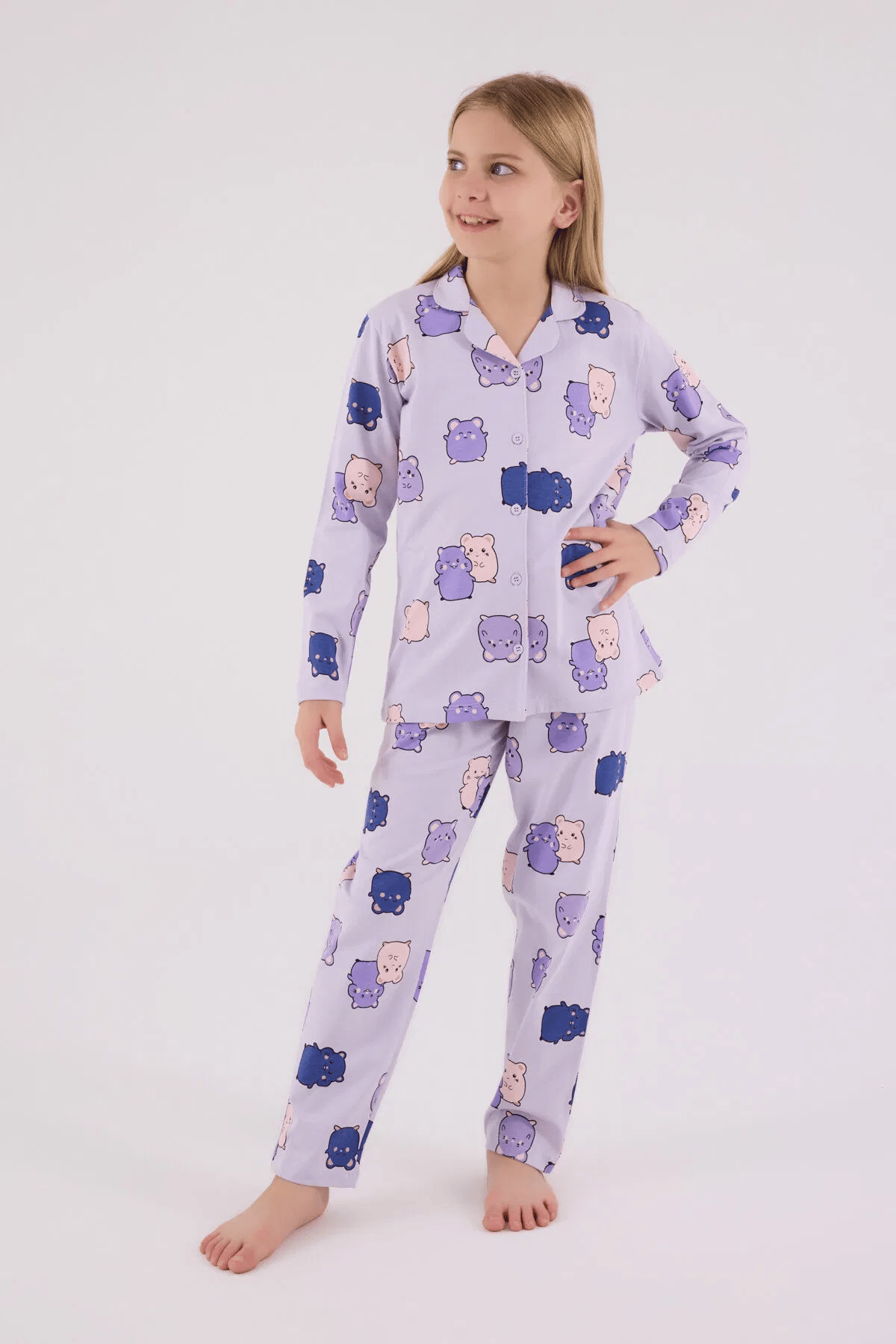 Rolypoly Kız Çocuk Gömlek Pijama Takım 2-15 Yaş Lila