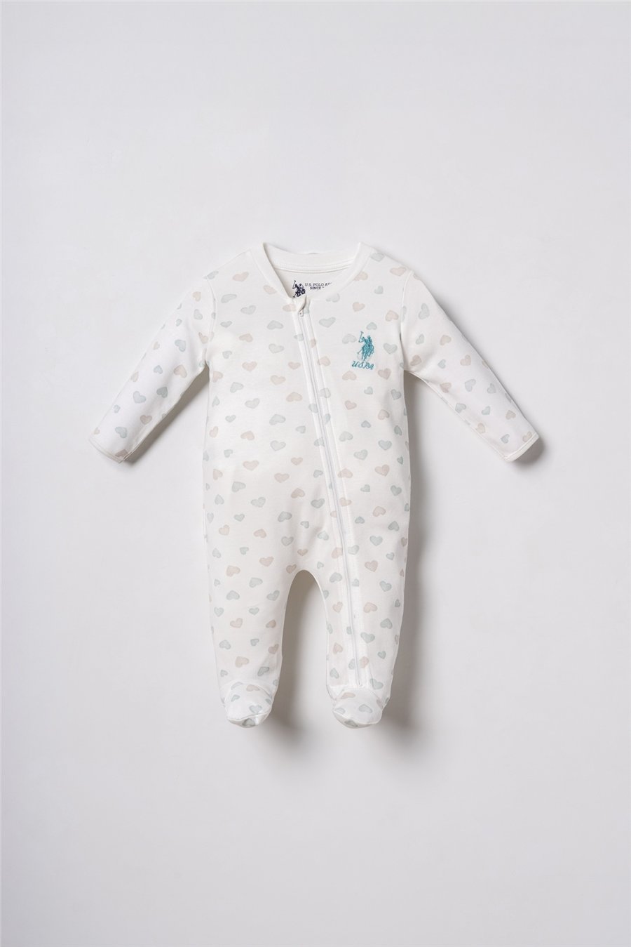 U.S. Polo Assn. Baskılı Kız Bebek %100 Pamuk Cute Hearts Tulum 03-9 Ay Beyaz