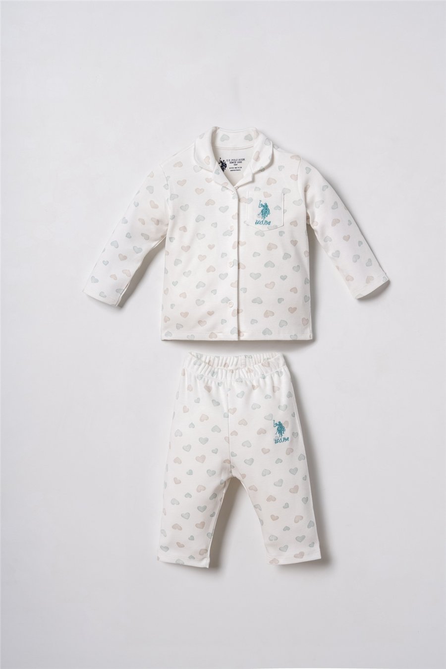 U.S. Polo Assn. Nakışlı Kız Bebek %100 Pamuk Cute Hearts Beyaz Gömlek Pijama Takımı 6-36 Ay Beyaz