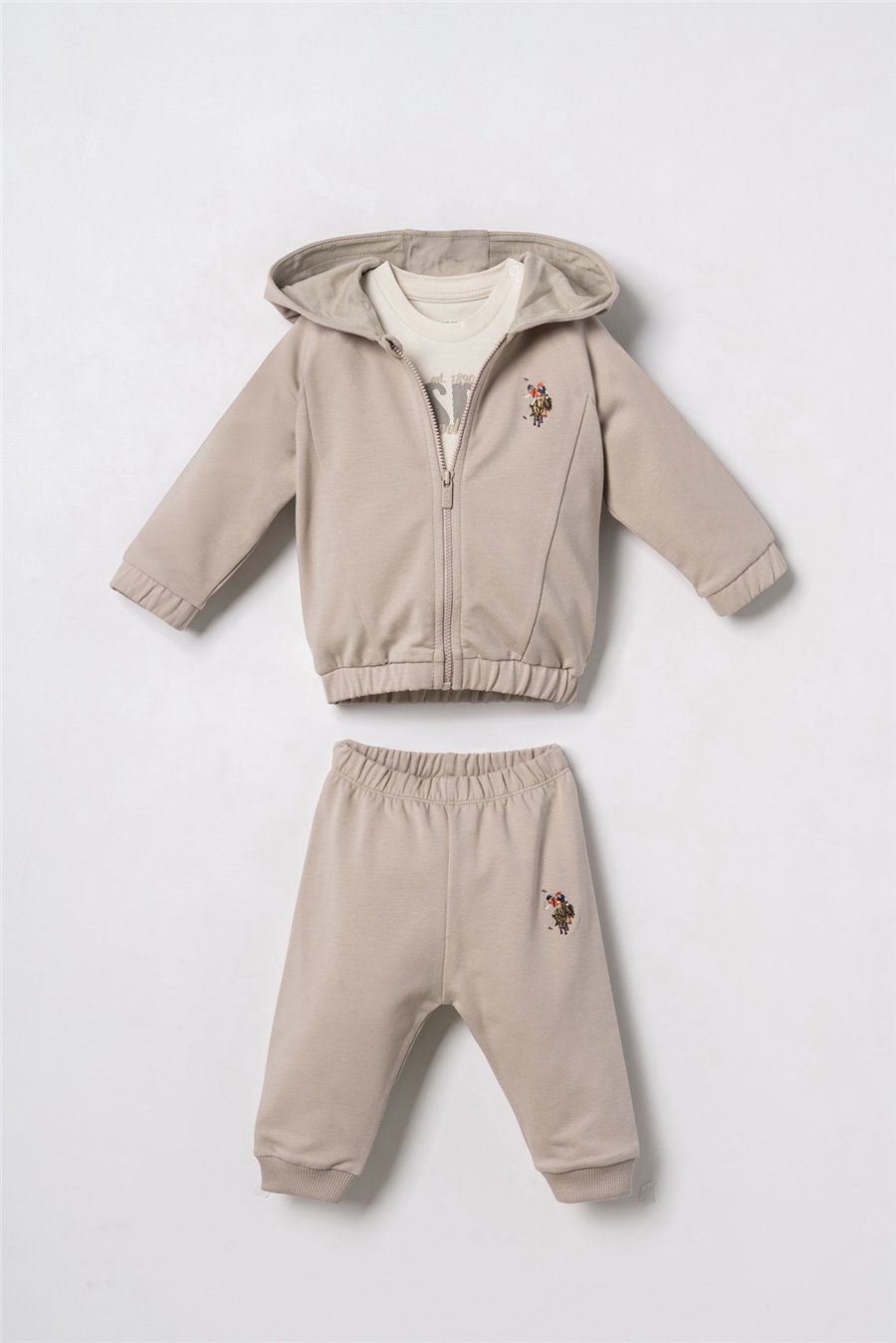 U.S. Polo Assn. Erkek Bebek Nakışlı Yeşil Hırkalı Eşofman Takım 6-36 Ay Bej