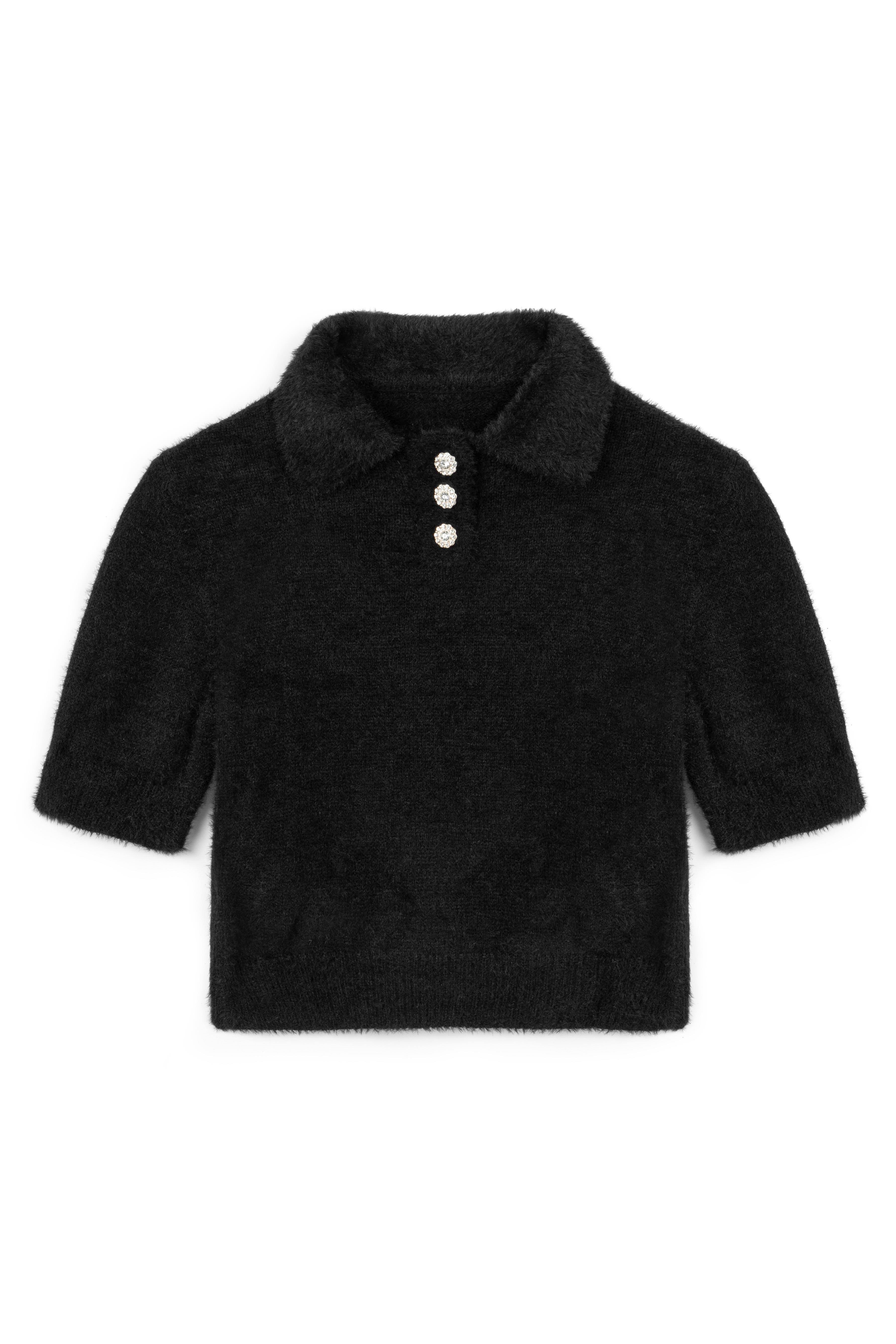 Polo Yaka Dokulu Crop Kazak Siyah