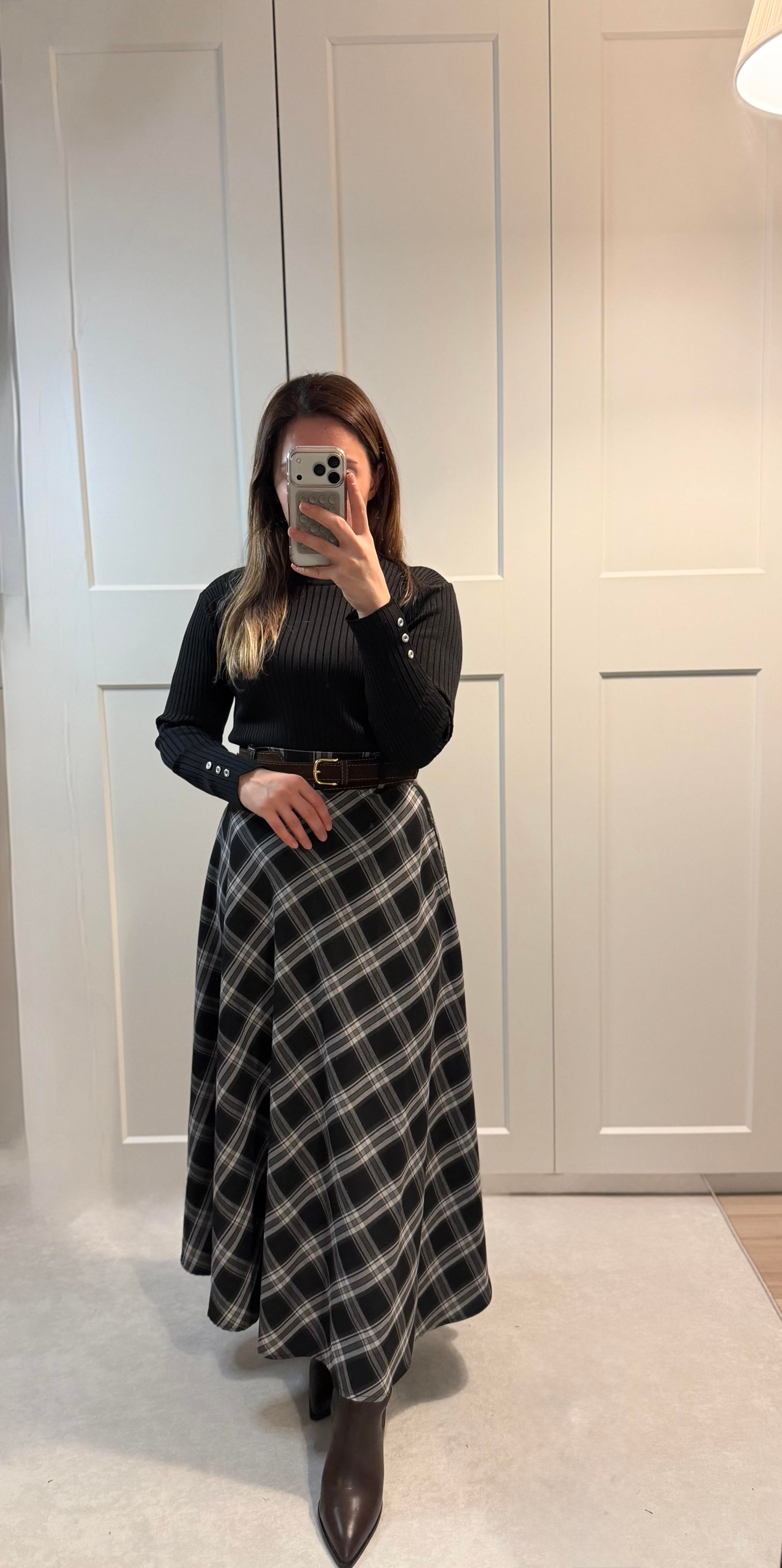 Süet Kemerli Ekose Etek Siyah