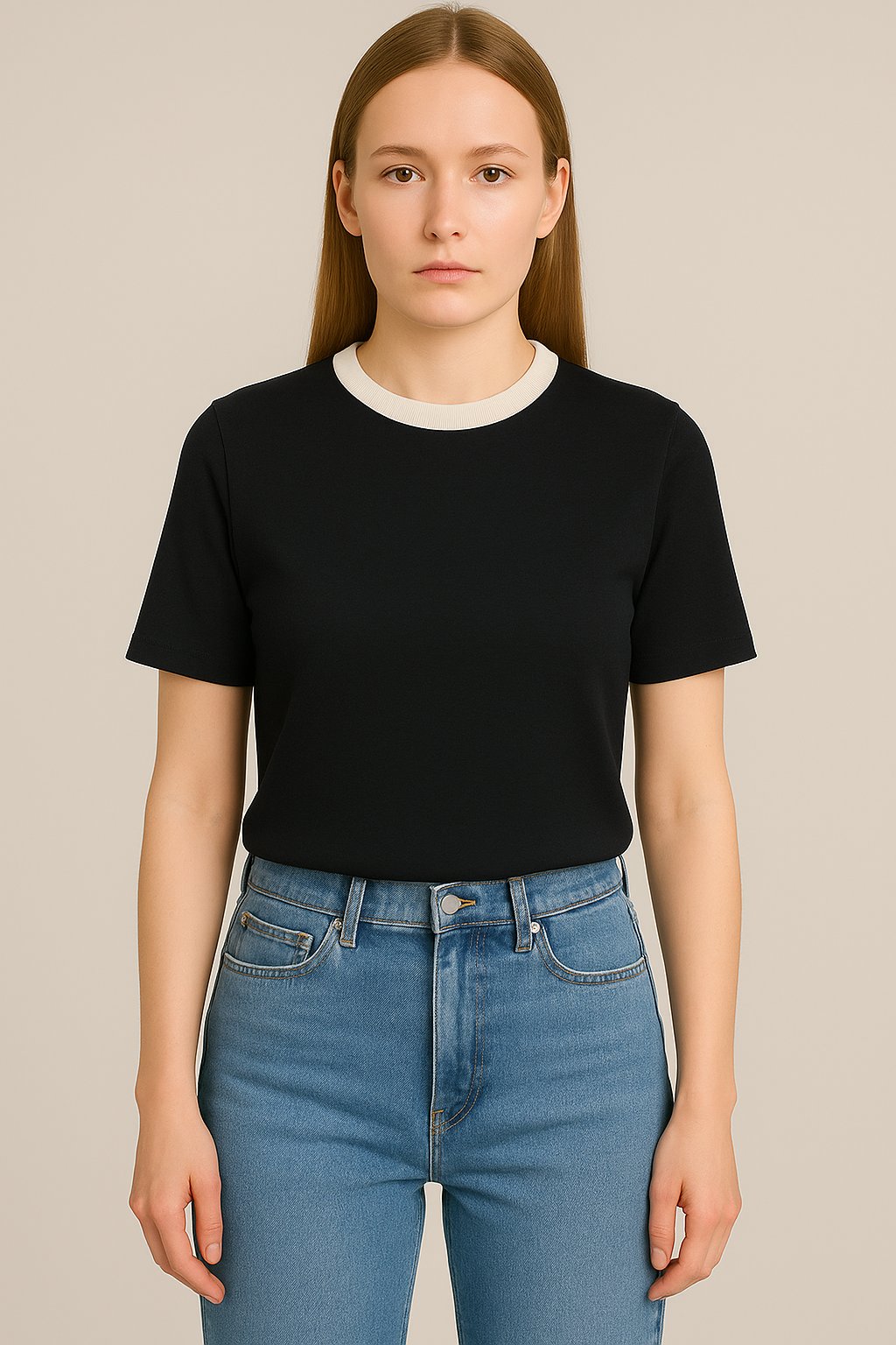 Yaka Detaylı Pamuklu Basic T-shirt Siyah