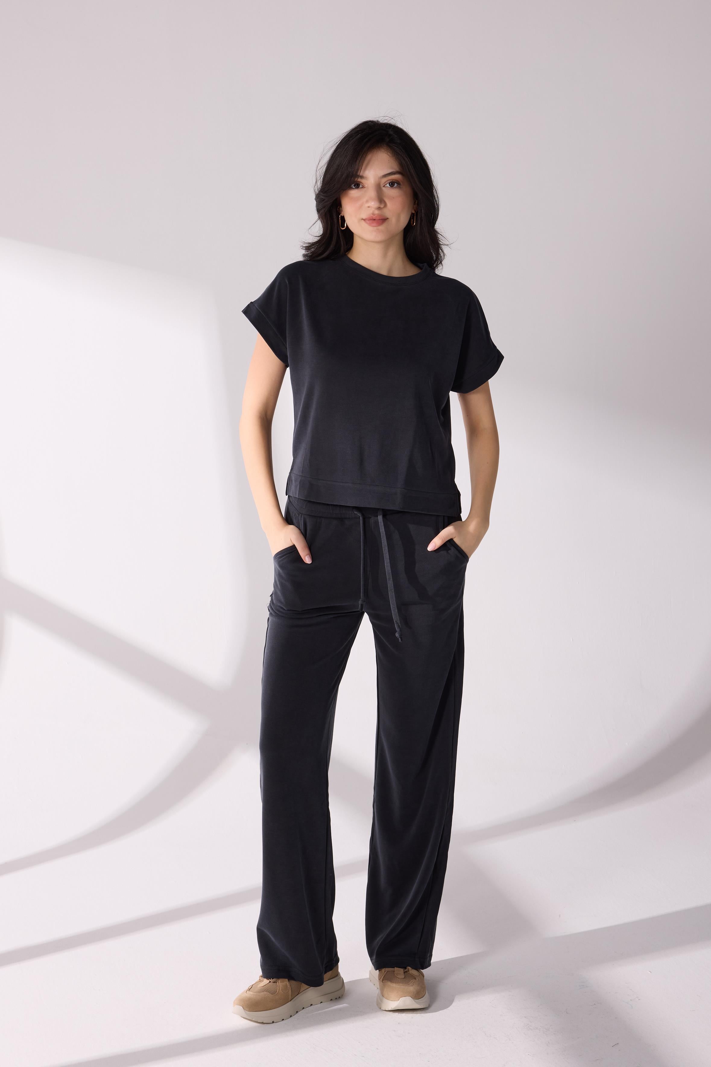 Yandan Yırtmaç Detaylı T-shirt Pantolon Takım Antrasit