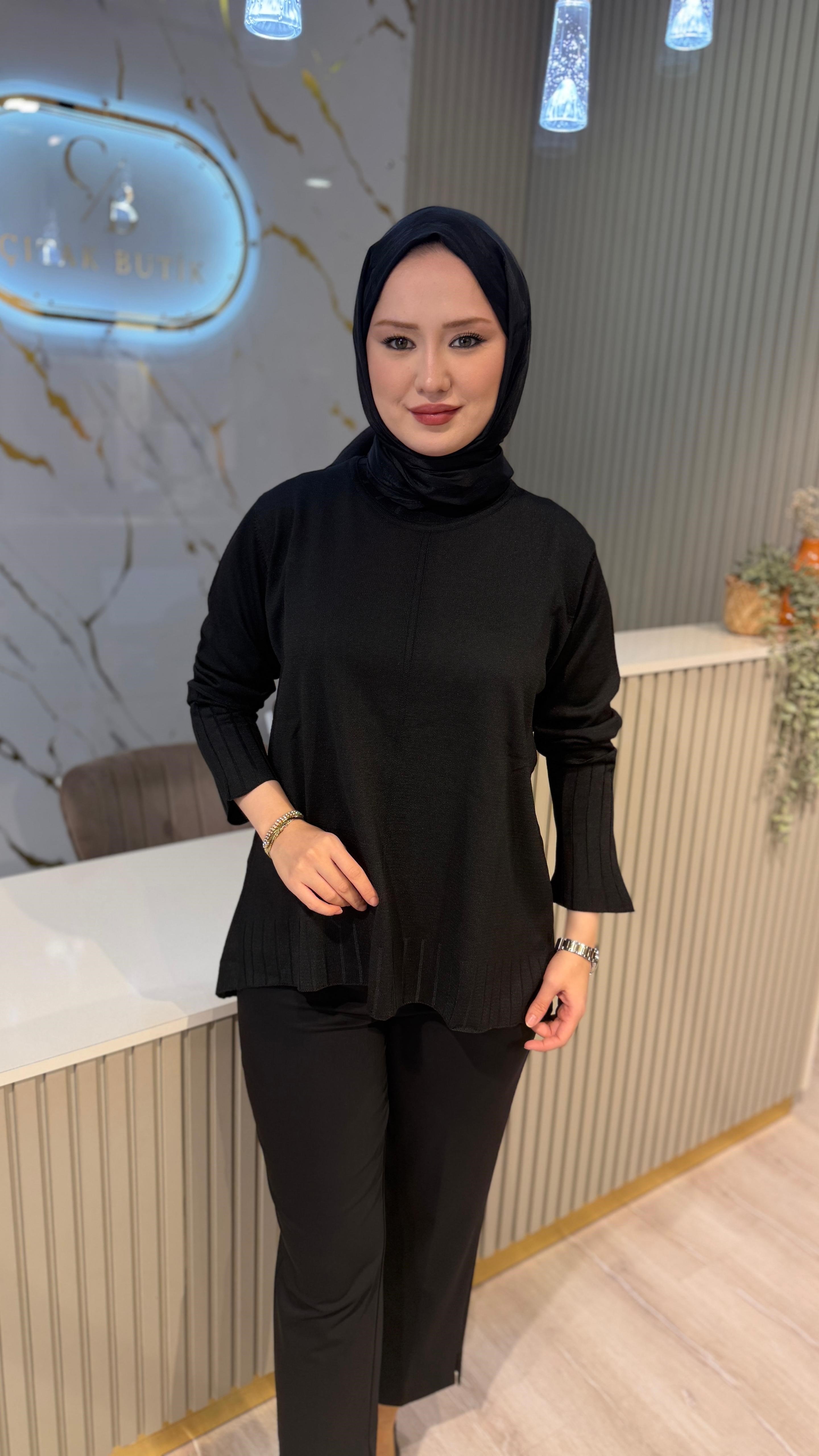 36139 ÇİZGİ DESEN  MERSERİZE BLUZ - SİYAH