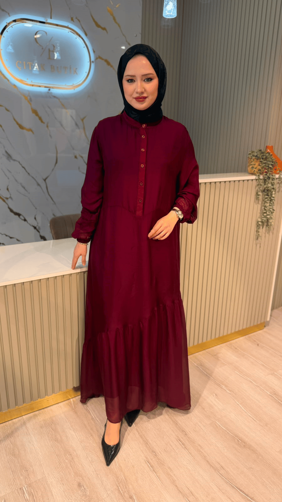 383 İPEK ELBİSE - BORDO