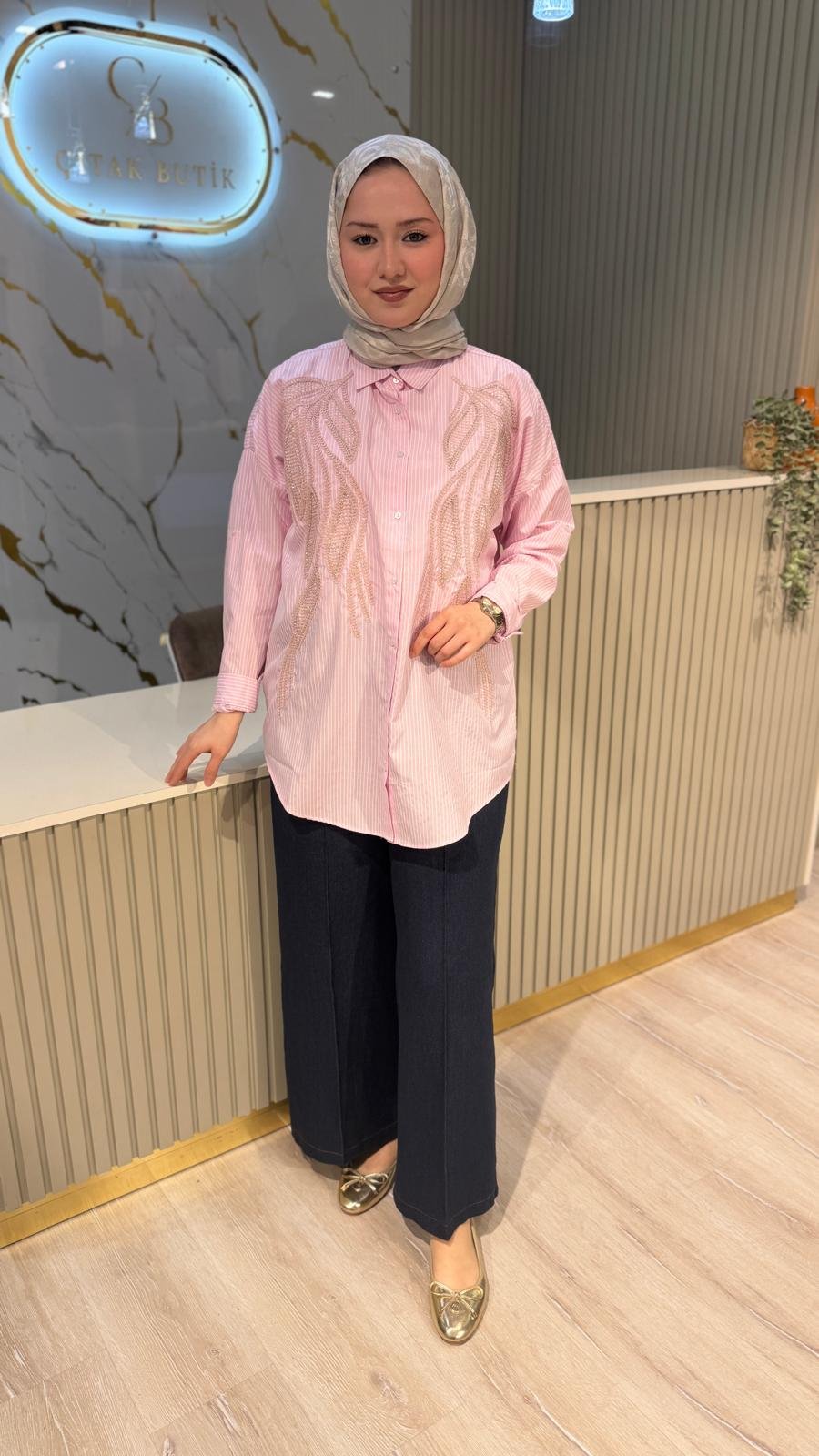 5201 NAKIŞ VE ÇİZGİ DETAY GÖMLEK - PEMBE